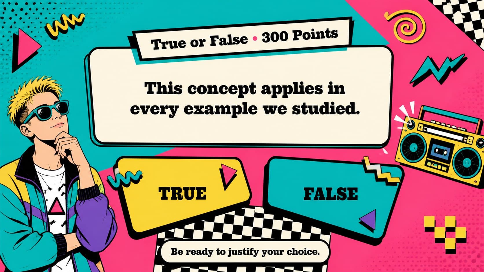 True or false round in a colorful exam review slide deck with two large response choices.