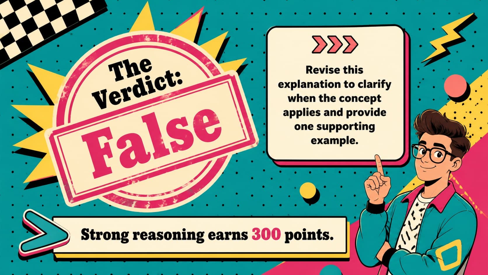 True or false answer explanation for a Google Slides course review game in a vivid 90s style.