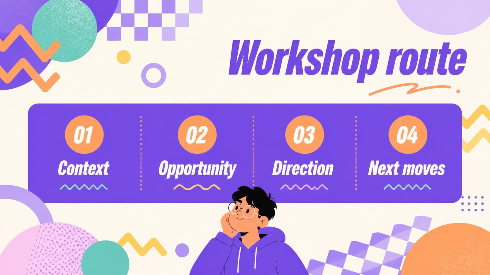 Agenda slide outlining a colorful consulting workshop with retro geometric accents.