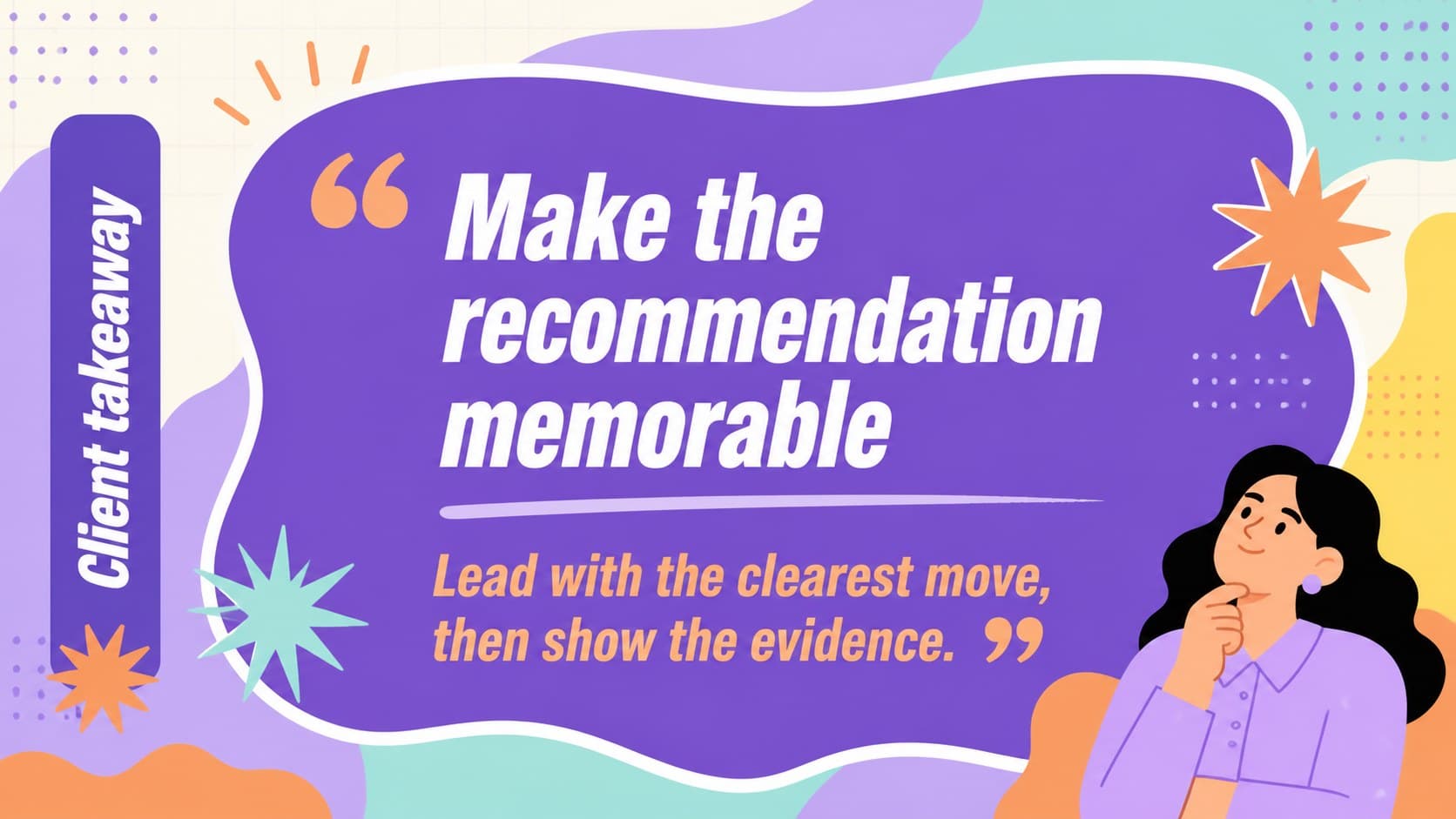 Client recommendation slide with a large colorful quote and playful consulting graphics.