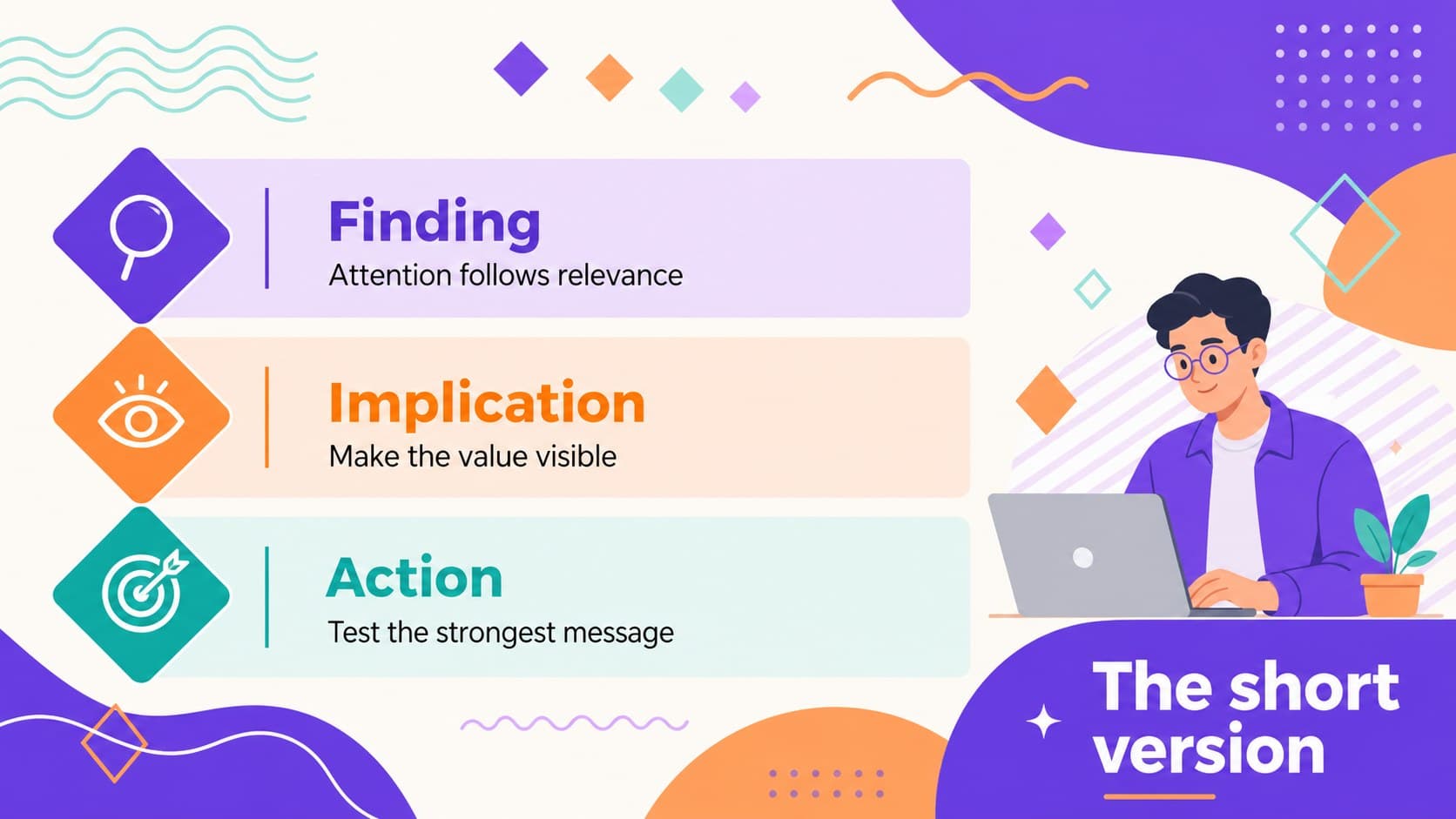 Consulting summary slide displaying key findings in a colorful three-column Memphis design.