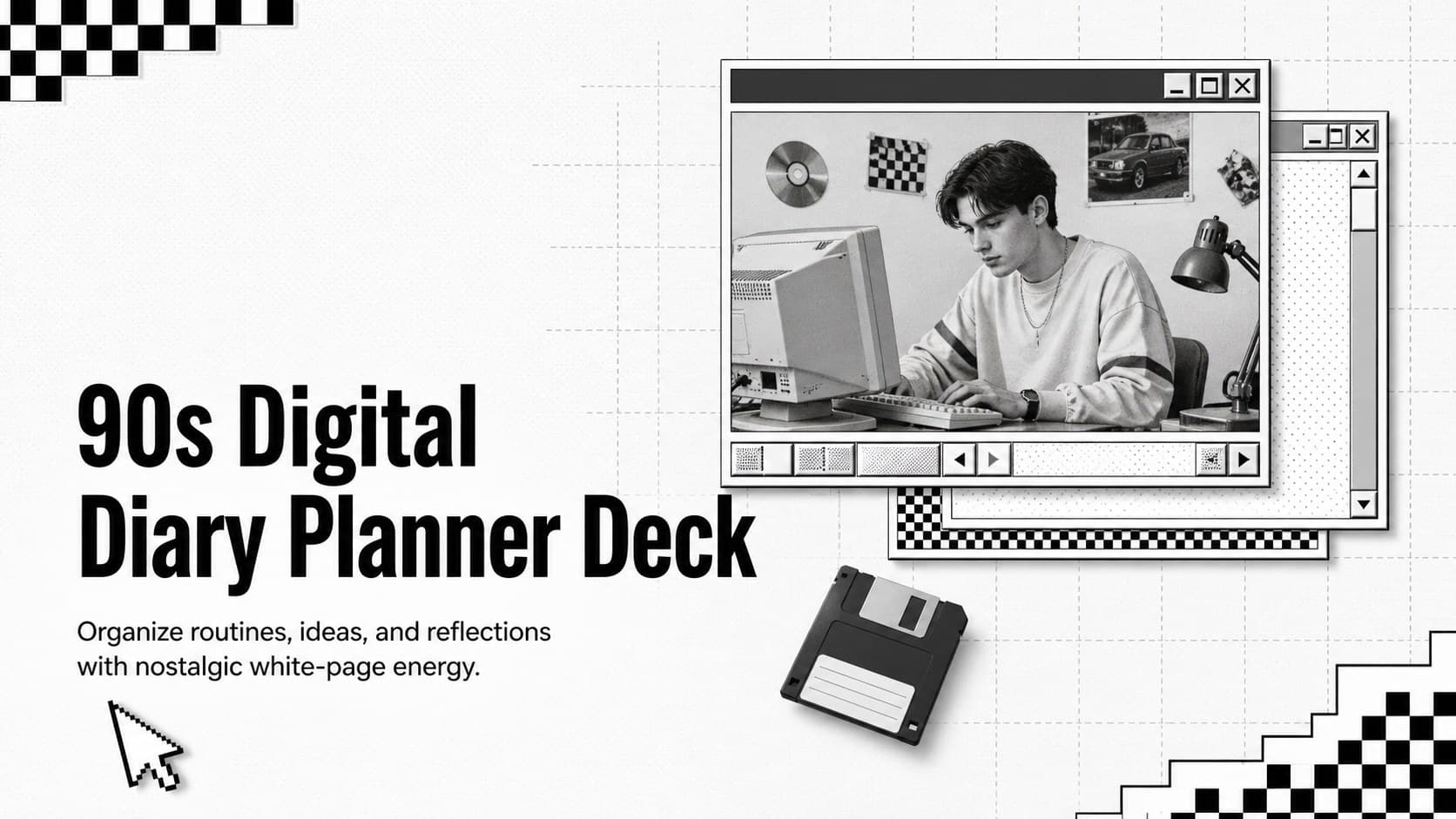 Cover of a 90s digital diary planner deck with bold retro typography and monochrome computer-inspired graphics.