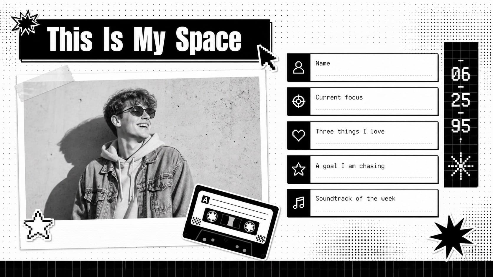 Retro personal profile page with editable favorites, goals, and a photo placeholder in a white pixel-style layout.