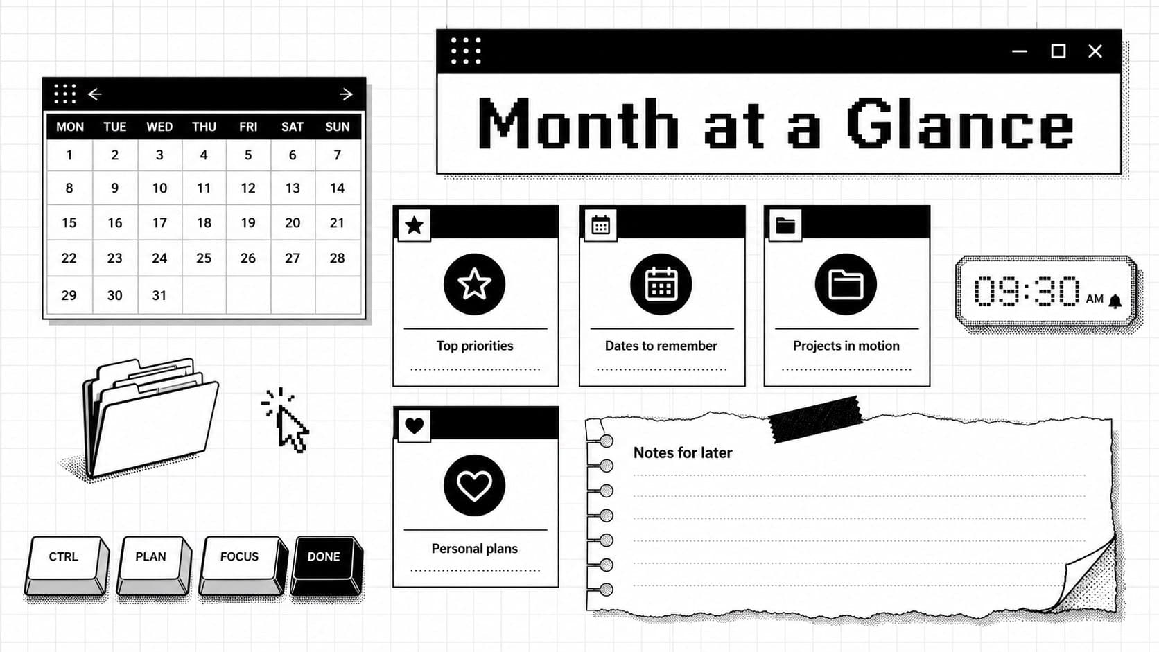 Monthly dashboard from a retro personal organizer presentation showing priorities, dates, notes, and a compact calendar.