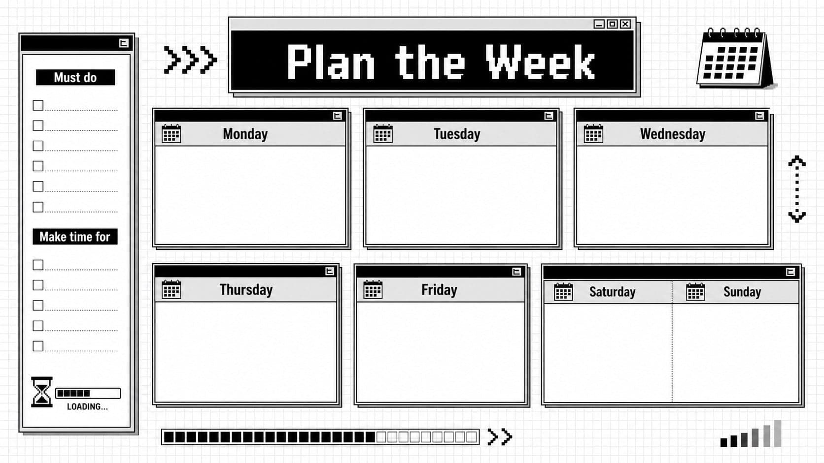 Pixel inspired weekly planner slide with seven daily columns, priority markers, and a retro computer interface.