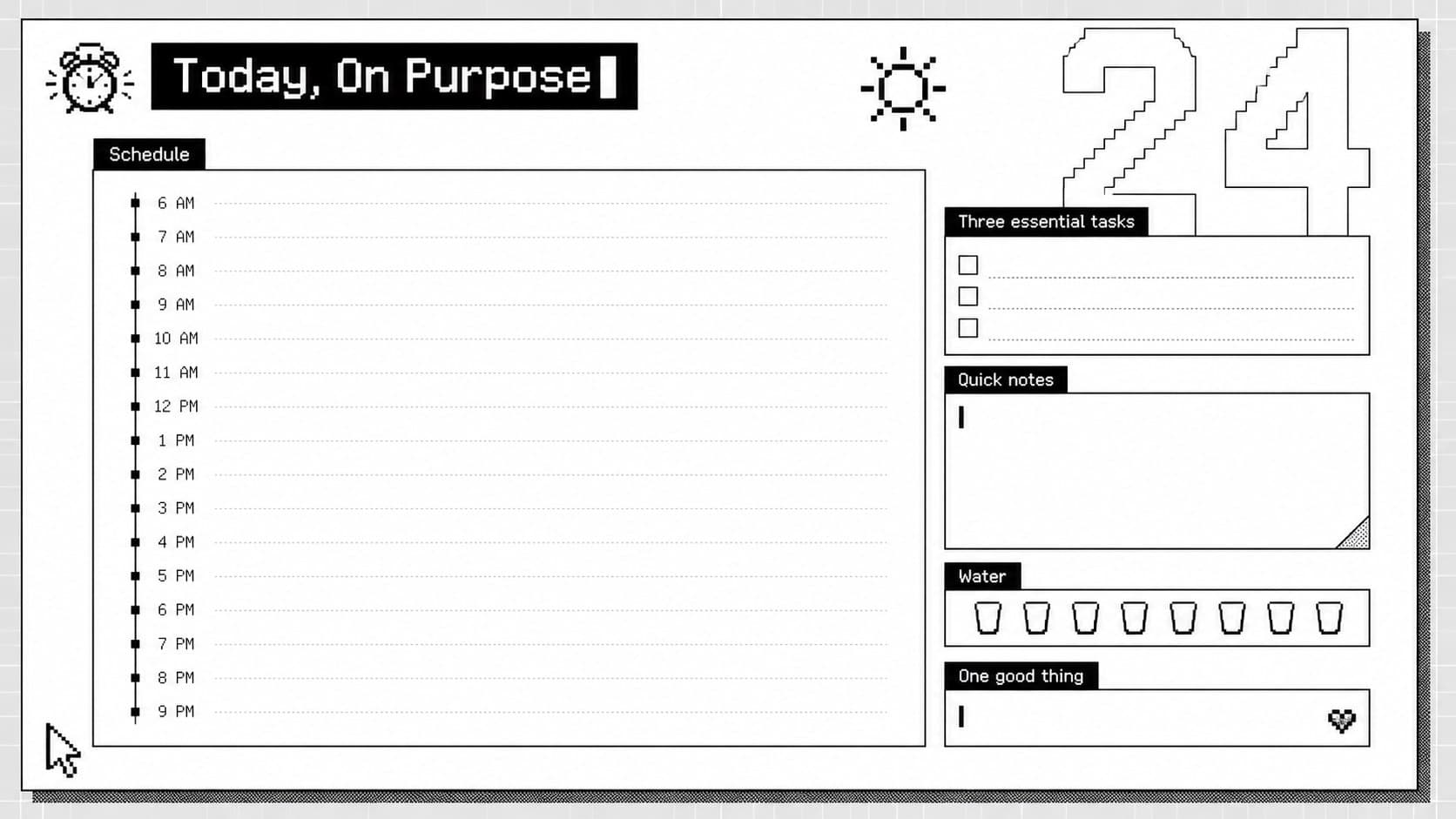 Daily planning page with time blocks, a task checklist, notes, and retro monochrome interface details.