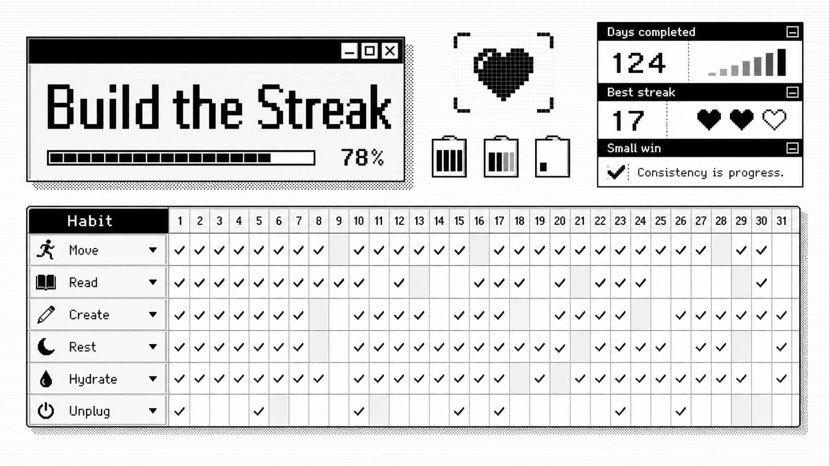 Editable habit tracker slide with a monthly check grid and monochrome 90s productivity graphics.