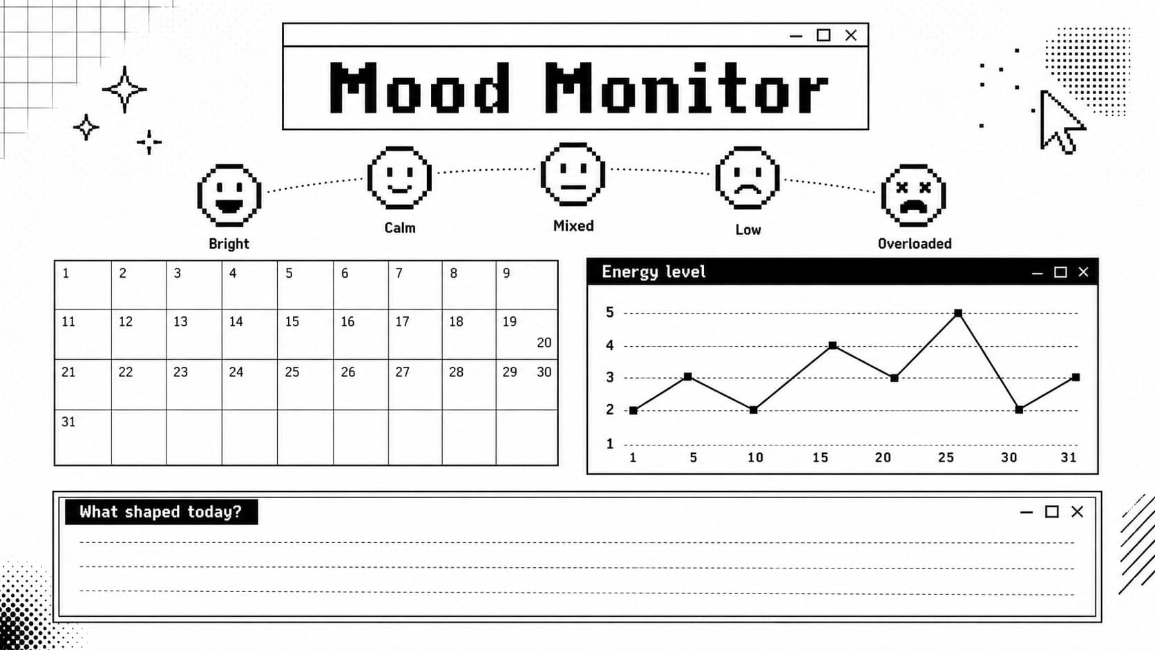 Editable mood tracker slide featuring expressive monochrome icons, a monthly grid, and a reflection prompt.