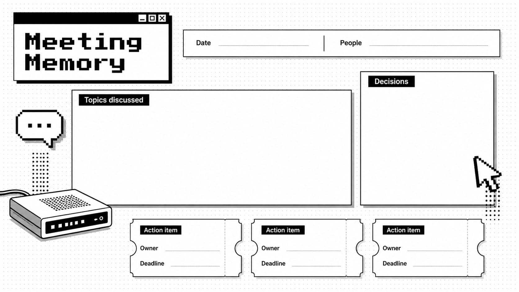 Meeting notes layout with discussion topics, decisions, action items, and a pixel-style white notebook design.