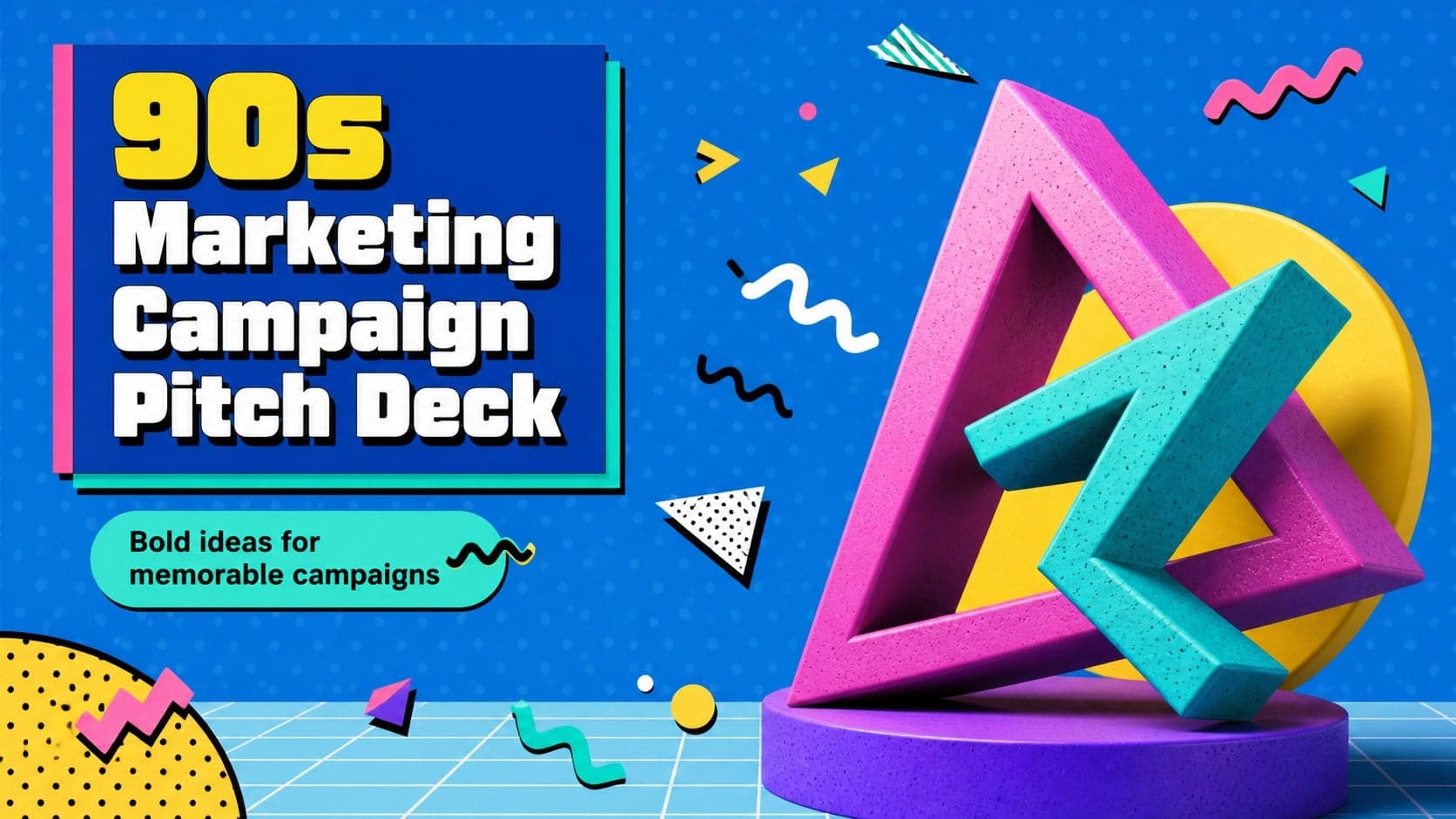 Colorful 90s marketing campaign pitch deck cover with bold geometric forms and a blue-led Memphis design.