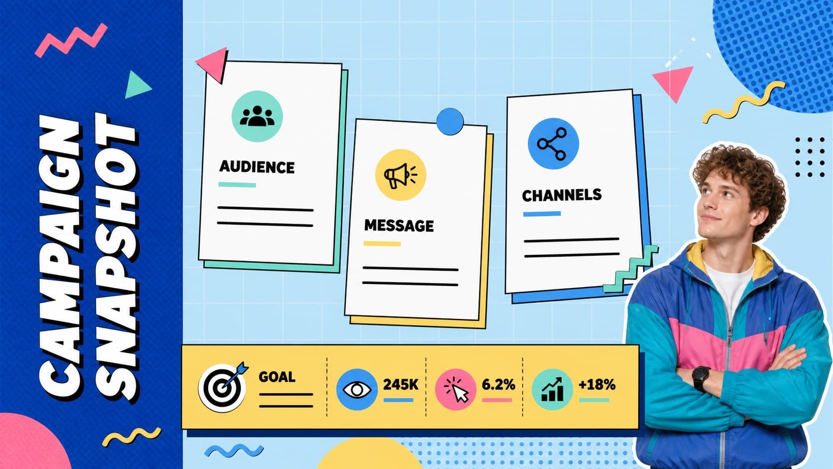 Marketing campaign overview slide showing a colorful strategy summary with geometric Memphis accents.