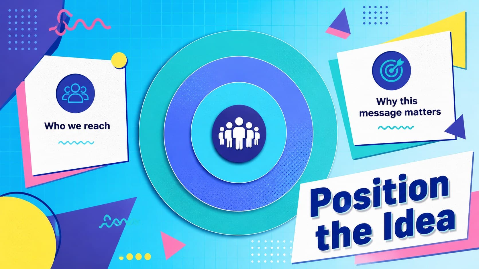 Brand strategy presentation slide with audience and positioning sections in a bright geometric layout.