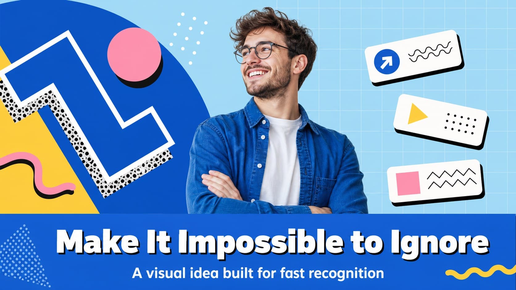 Campaign concept slide presenting a vivid creative direction with blue shapes and bold 90s typography.