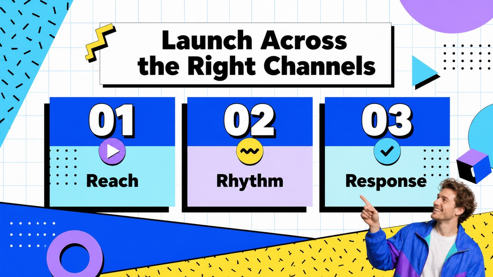 Social media launch plan slide with channel blocks, colorful shapes, and a modern Memphis-inspired composition.