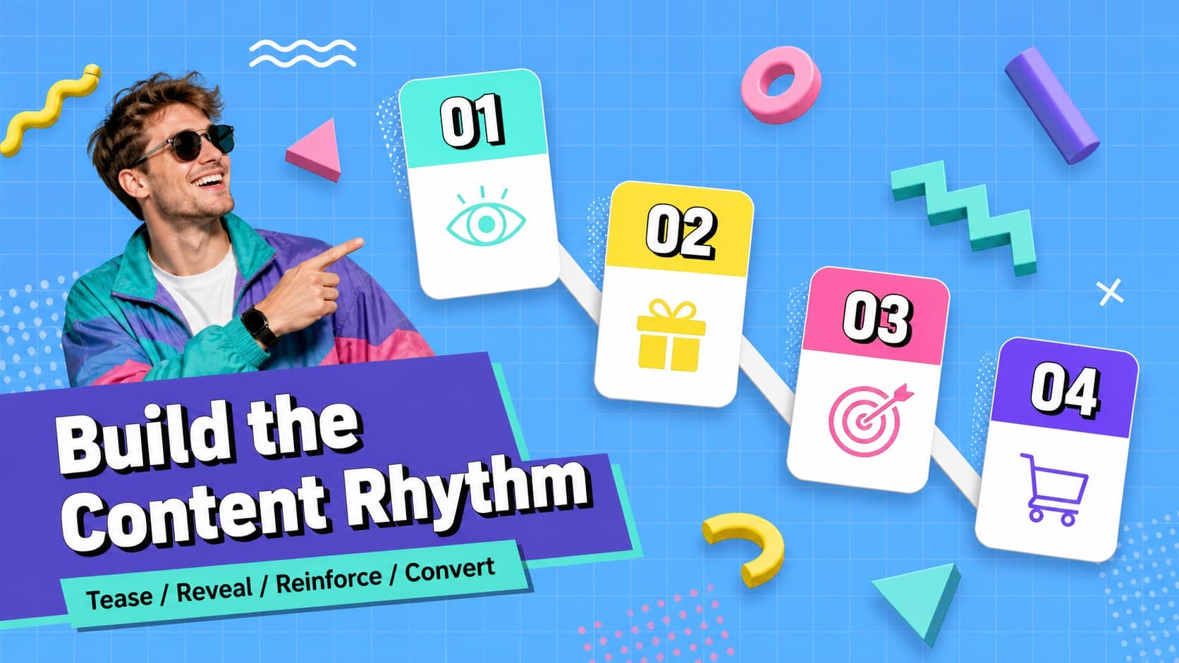 Content planning slide with an editorial sequence, colorful blue shapes, and energetic geometric details.