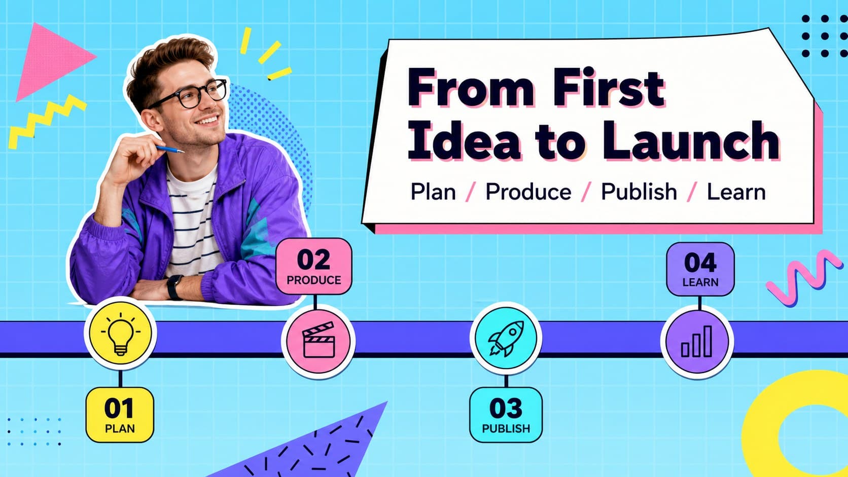 Campaign timeline slide showing launch phases in a bright geometric 90s presentation style.