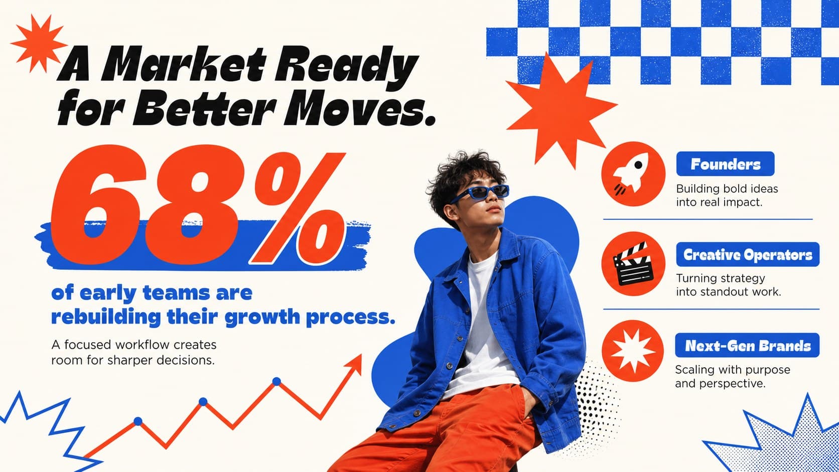 Market opportunity slide with bold statistics, audience segments, and colorful retro business presentation graphics.