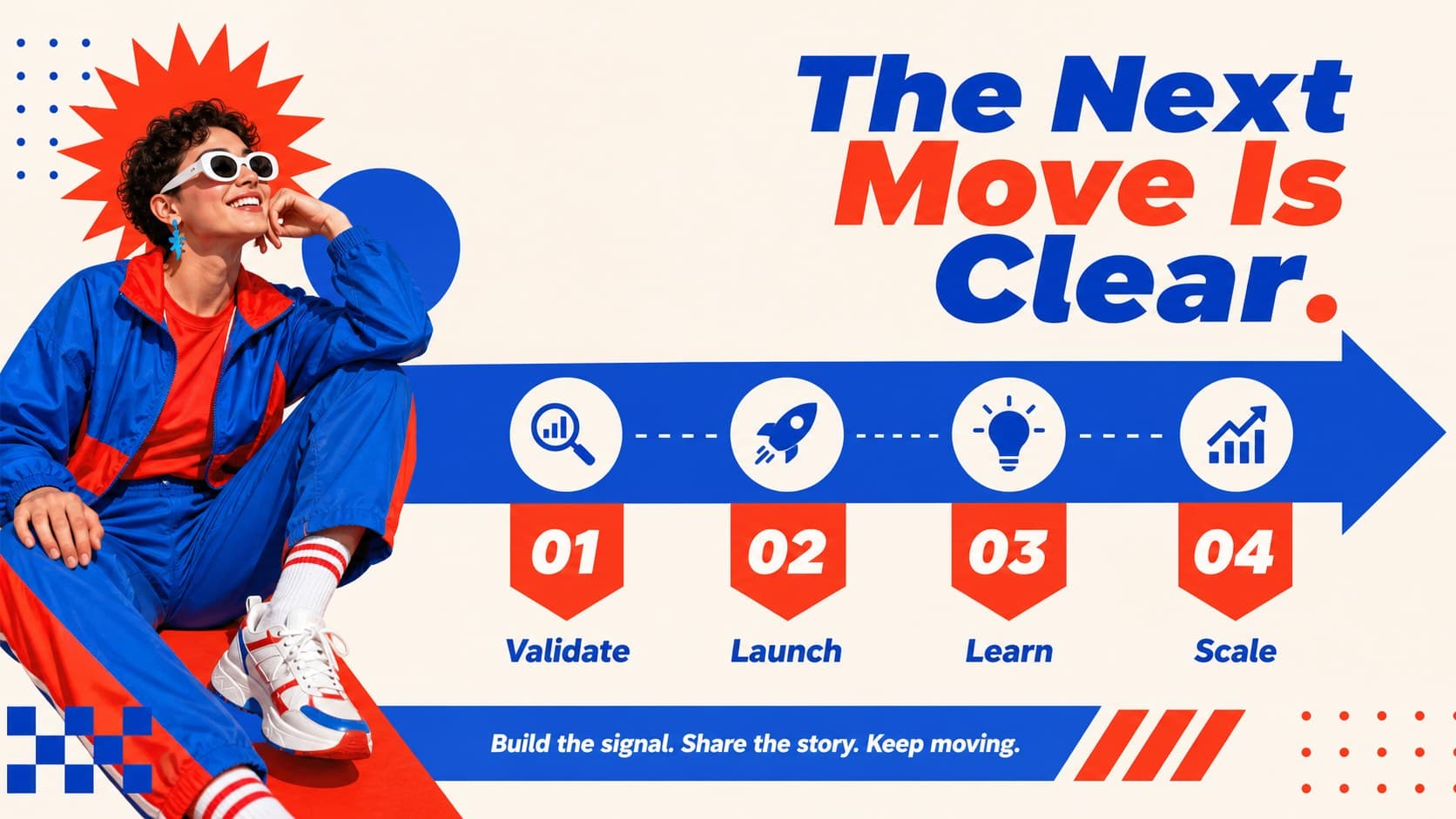 Closing strategy slide summarizing startup milestones and next steps in a bright red-and-blue retro format.
