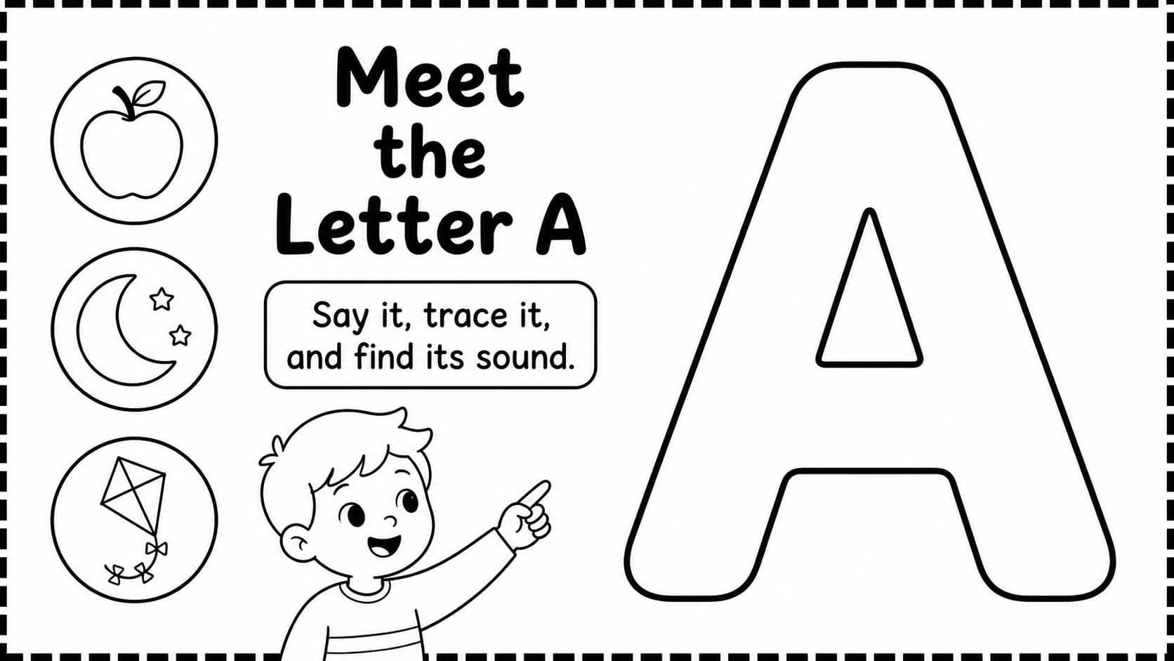 Letter recognition activity slide with a large outlined letter, matching picture prompts, and worksheet space.