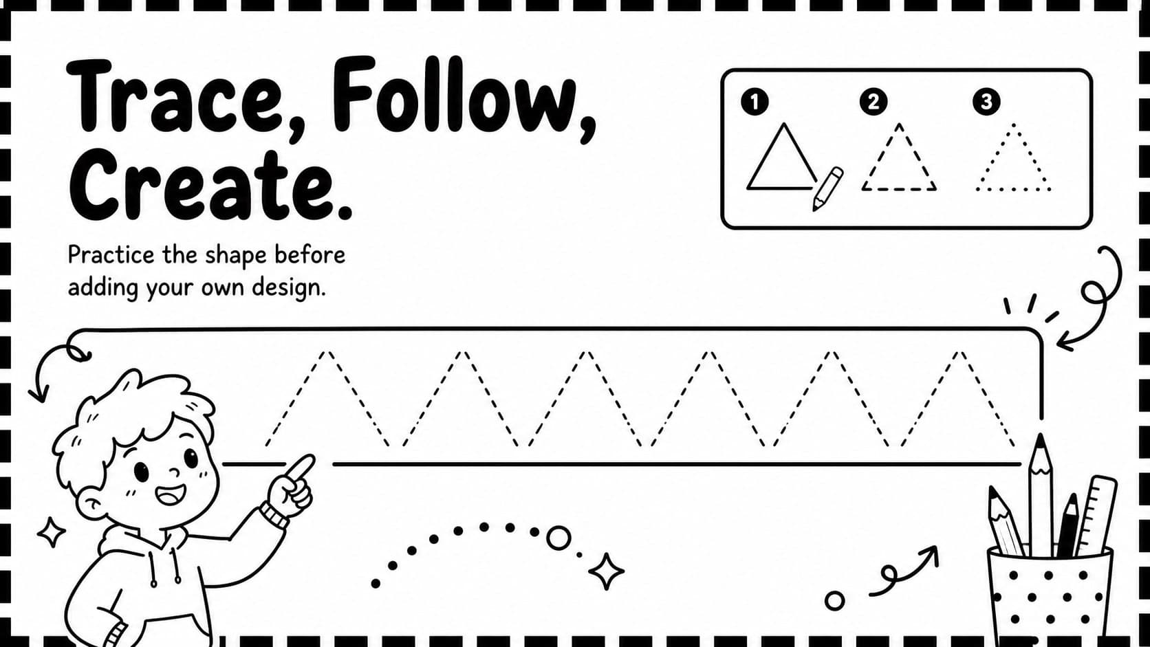 Printable letter tracing slide with dotted practice lines and a playful monochrome alphabet illustration.