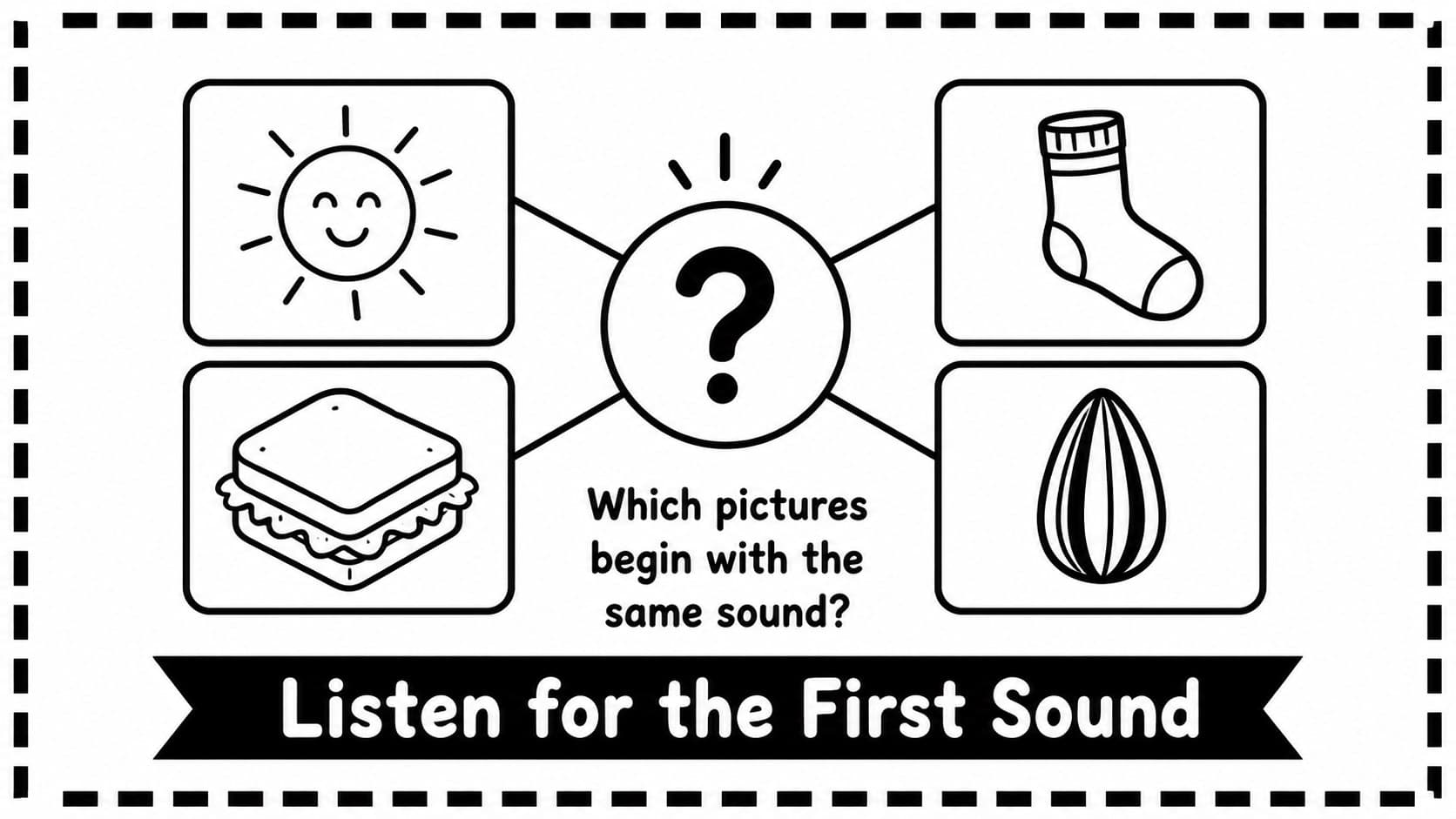Phonics activity slide connecting a beginning sound to illustrated vocabulary objects in a black-and-white layout.