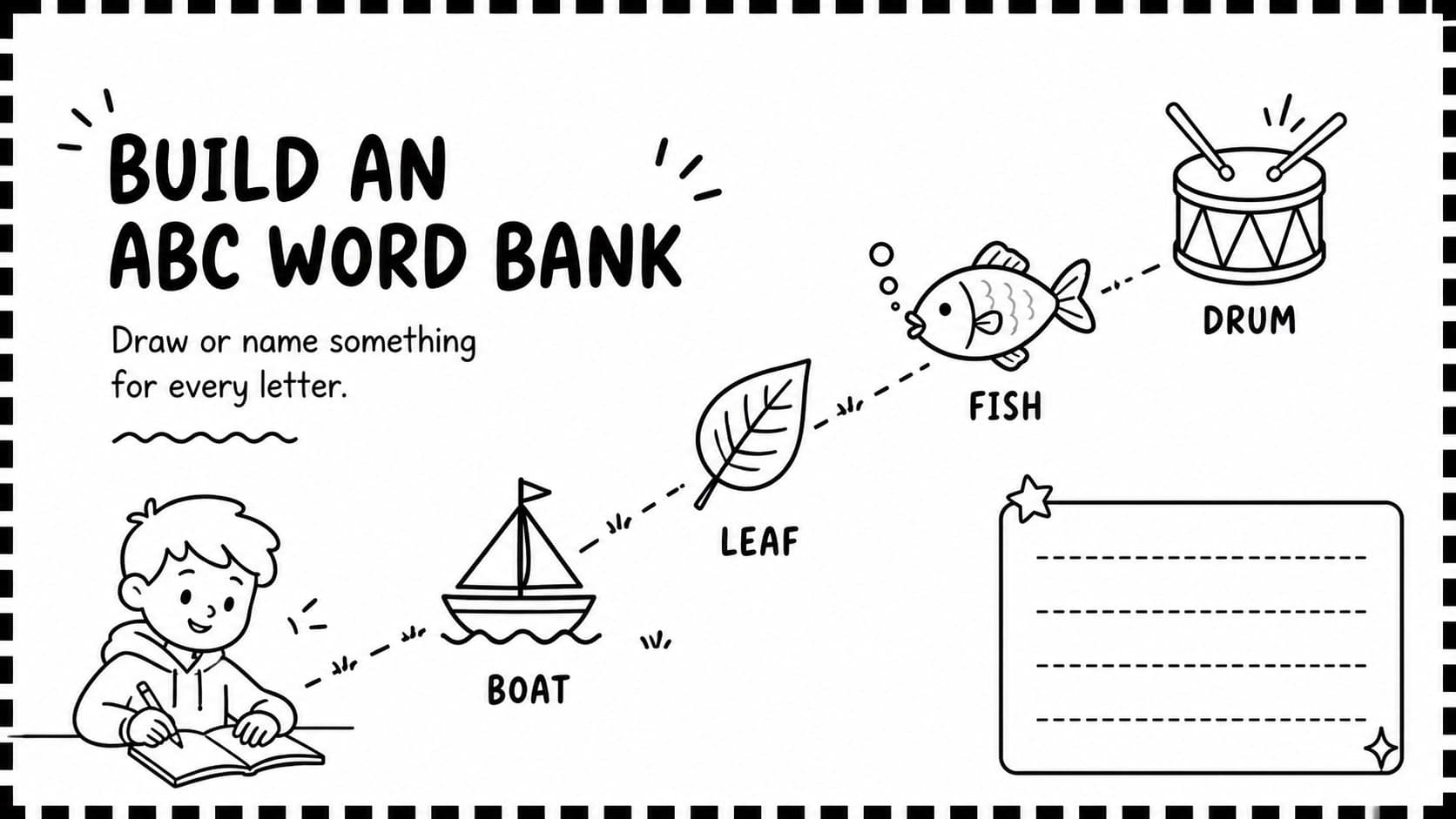 Alphabet vocabulary slide displaying illustrated objects, labels, and a clean printable activity layout.