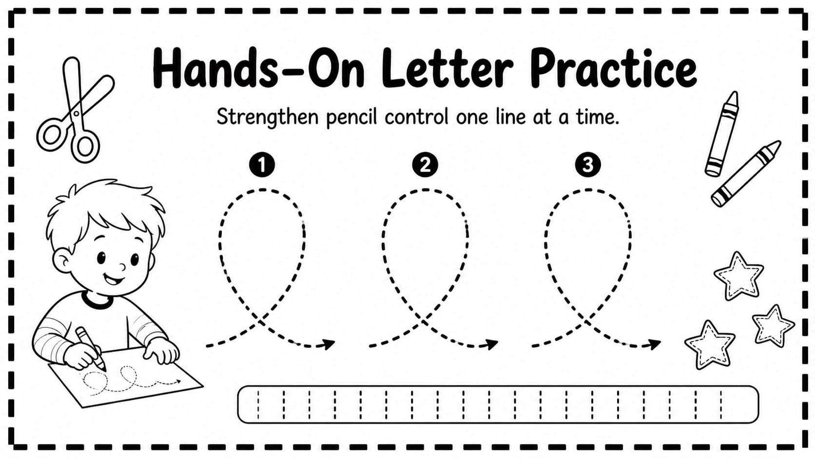Fine-motor alphabet worksheet slide with tracing paths, rounded frames, and child-friendly monochrome graphics.