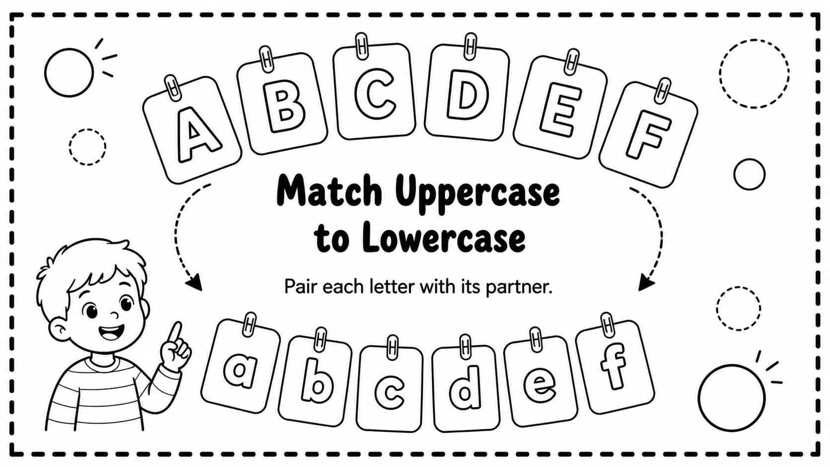 Letter matching game slide with uppercase and lowercase cards arranged in a playful black-and-white classroom composition.