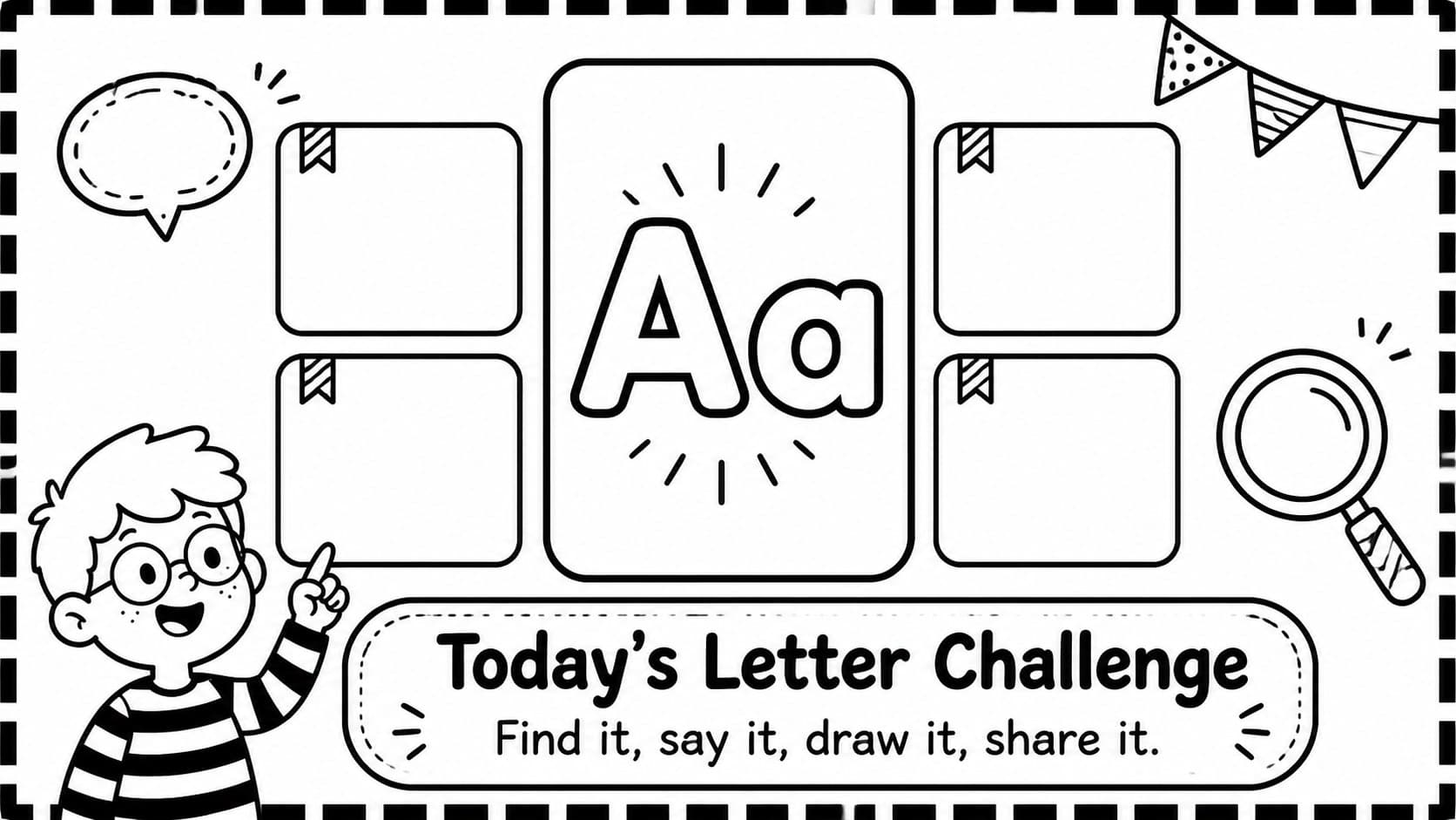 Letter-of-the-day classroom activity slide with a featured outlined character and creative drawing prompts.