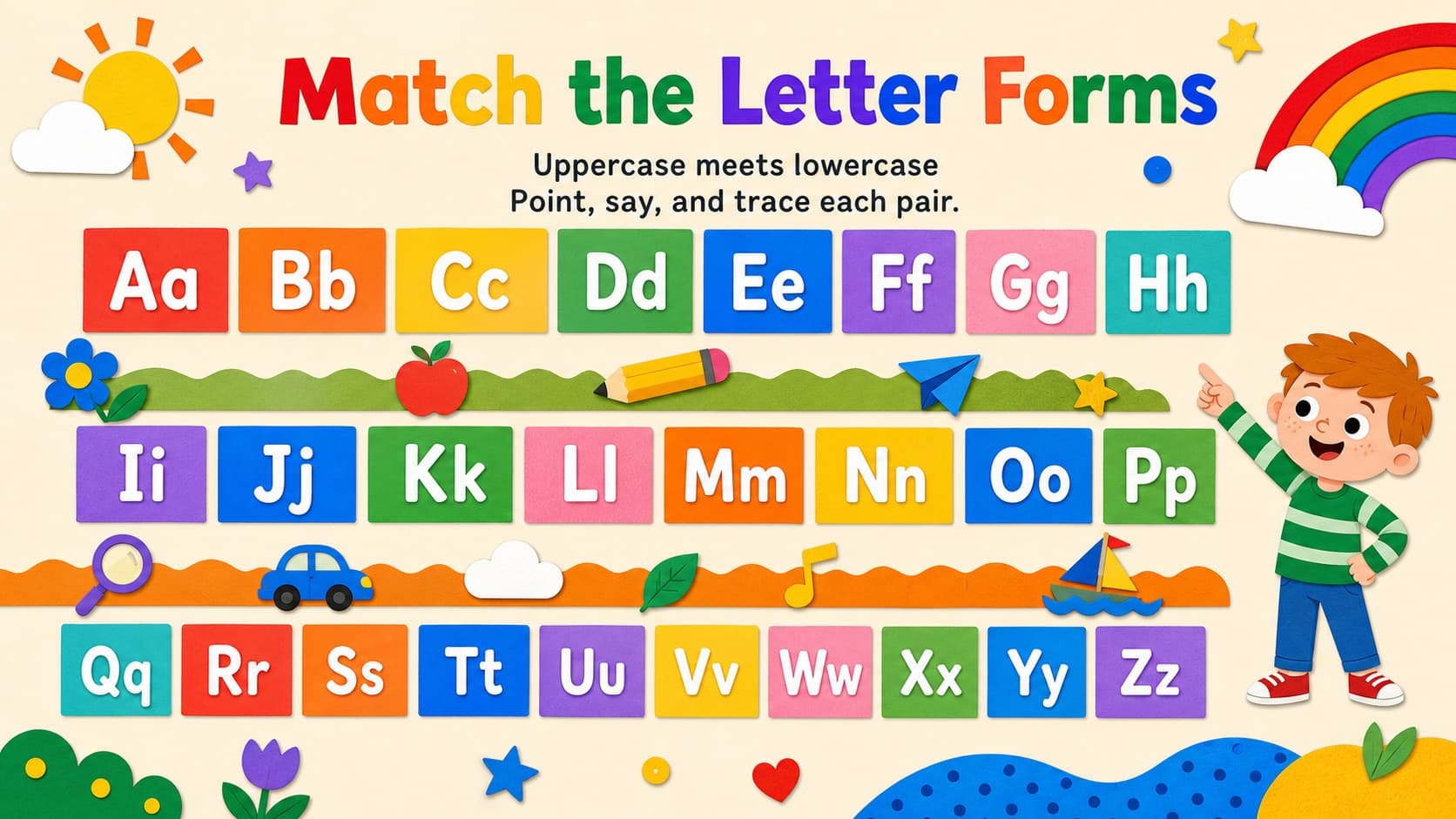 Alphabet practice slide showing uppercase and lowercase letter pairs for a preschool letter recognition activity.