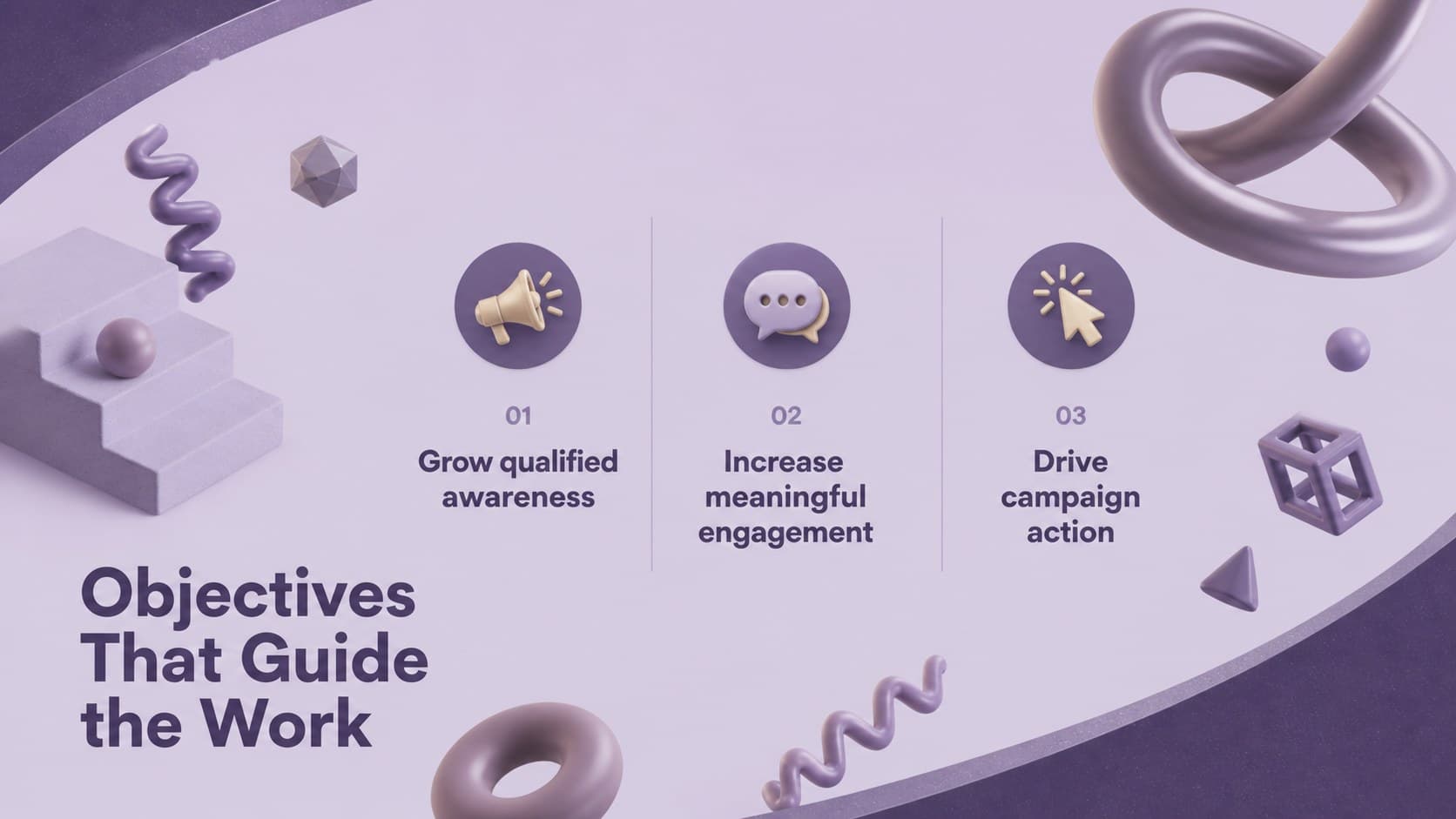 Abstract campaign strategy slide showing three measurable marketing objectives beside purple dimensional shapes.