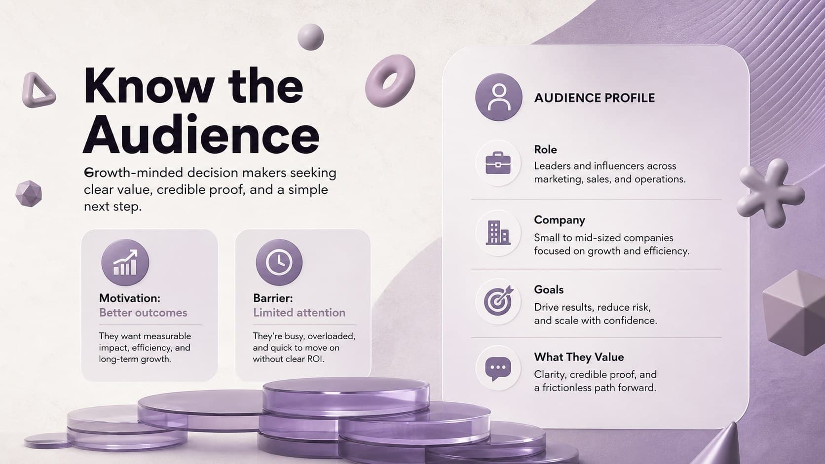 Audience insight page from an editable brand campaign pitch deck with a profile summary and key motivations.