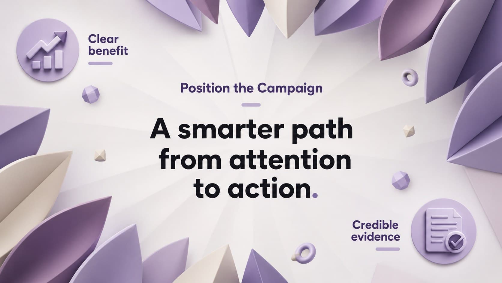 Brand positioning slide with a concise promise, proof points, and sculptural purple 3D accents.