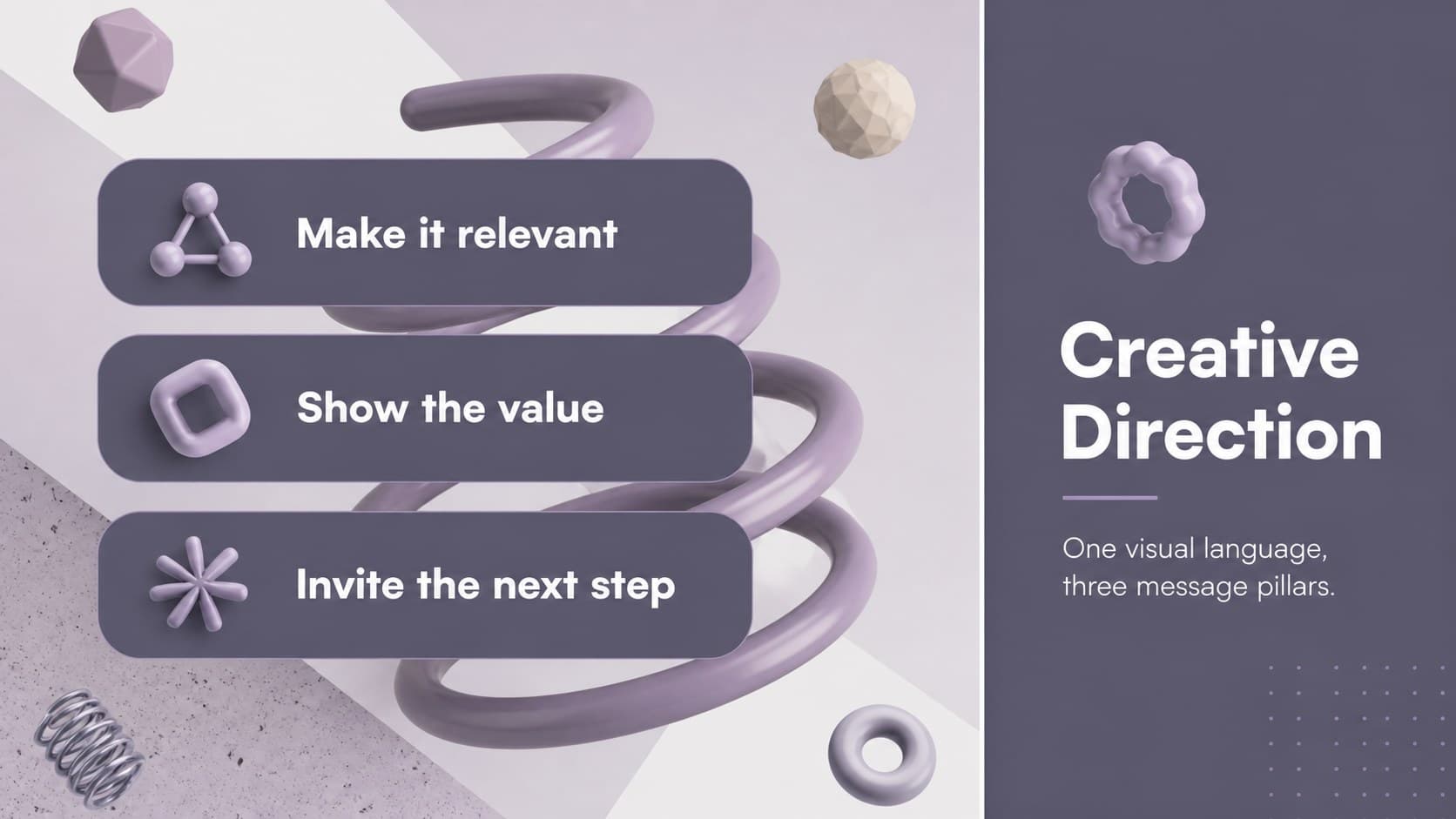 Creative direction slide displaying message pillars for a modern marketing proposal with abstract purple forms.