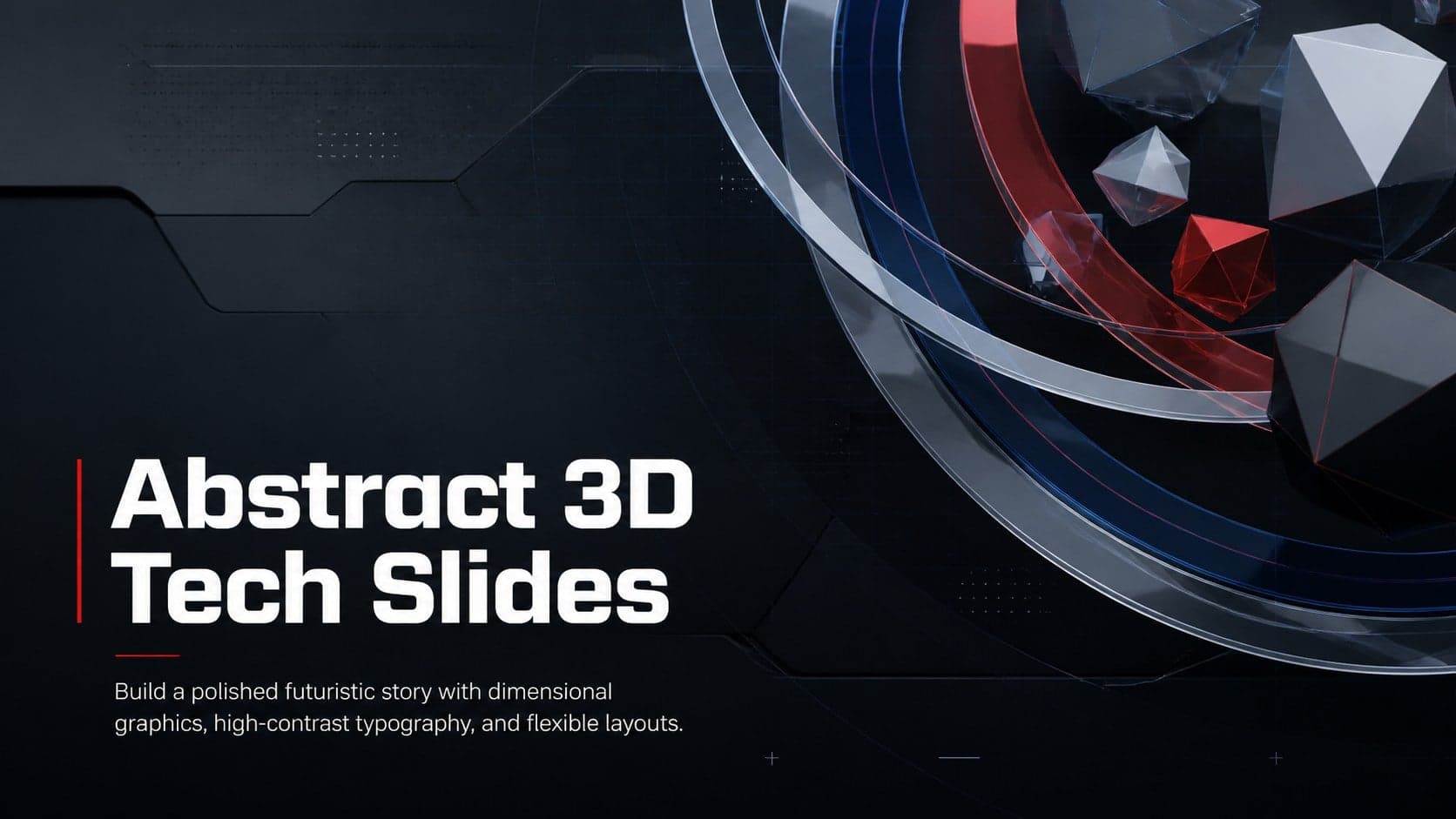 Cover for Abstract 3D Tech Slides with dimensional geometric forms on a dark high-contrast background.