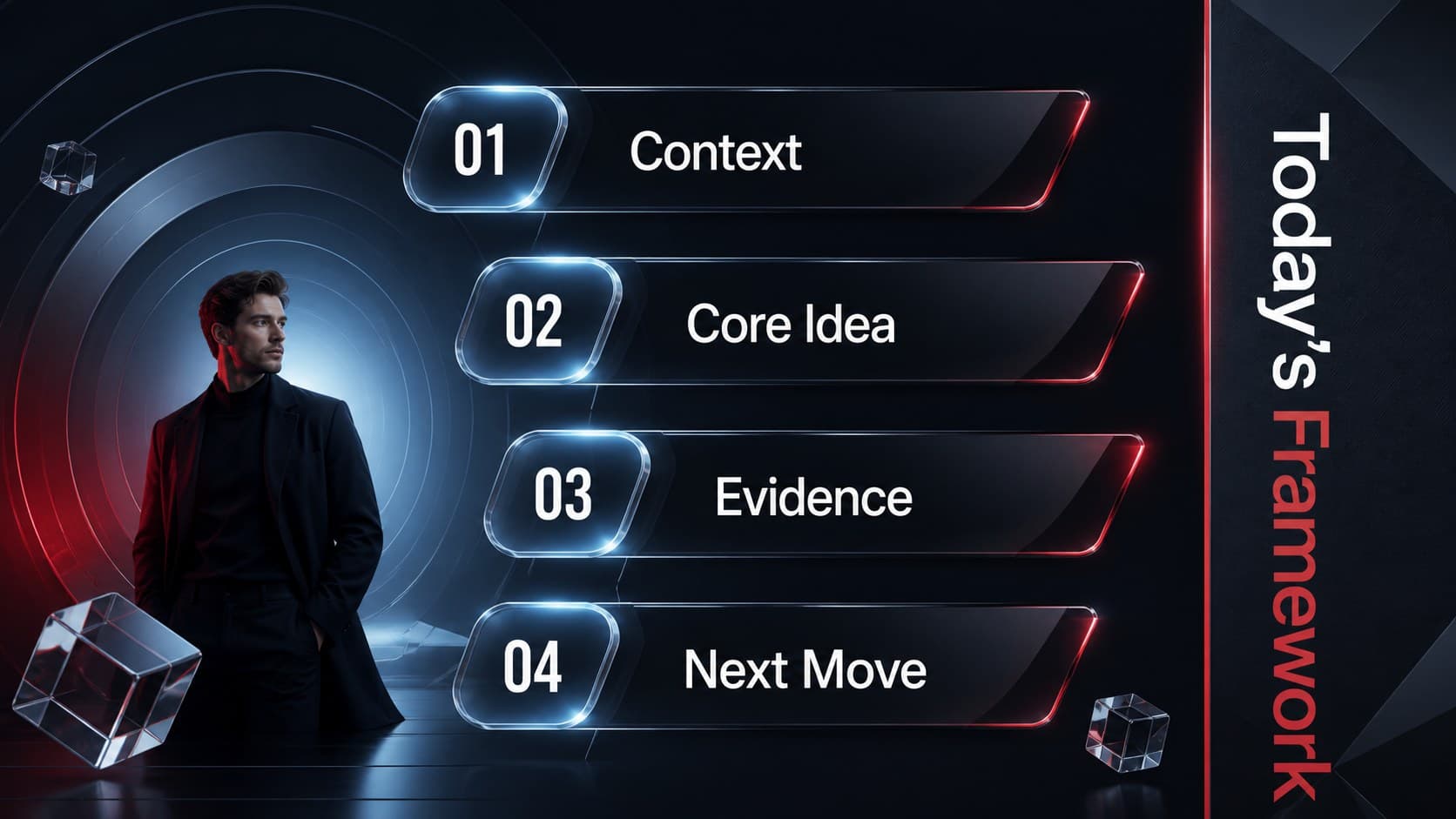 Dark futuristic presentation agenda with four topics and colorful abstract 3D objects.