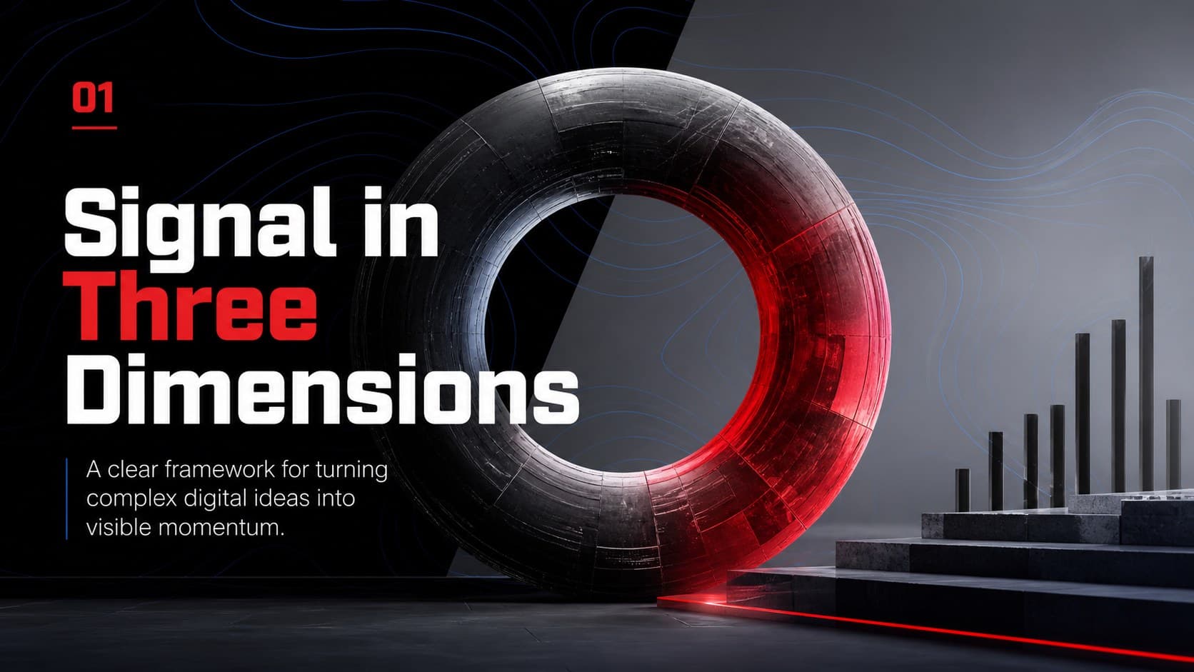 Abstract geometric pitch deck section slide introducing a signal-driven technology concept.