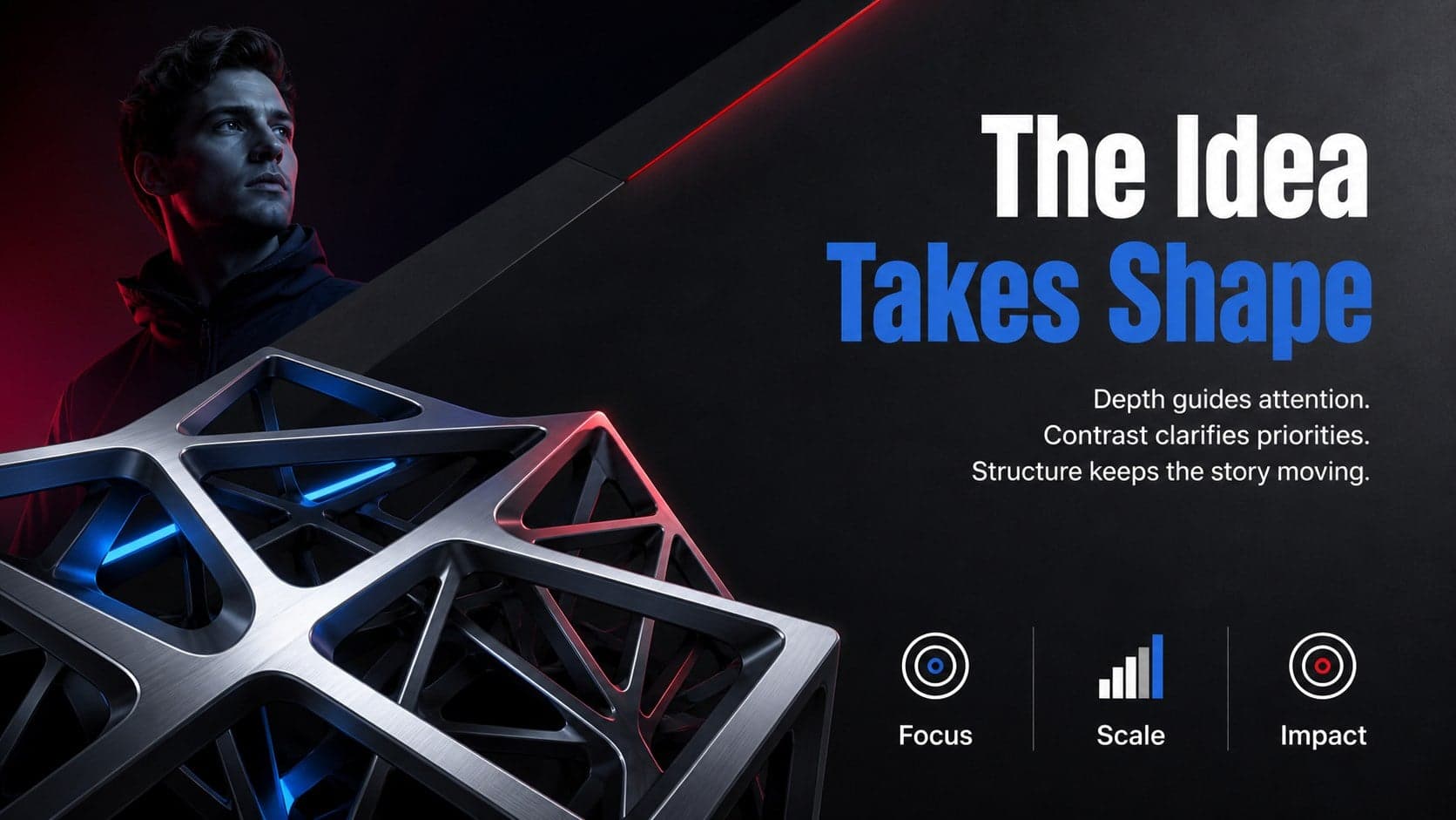 Technology overview slide combining concise text with an original metallic 3D structure.