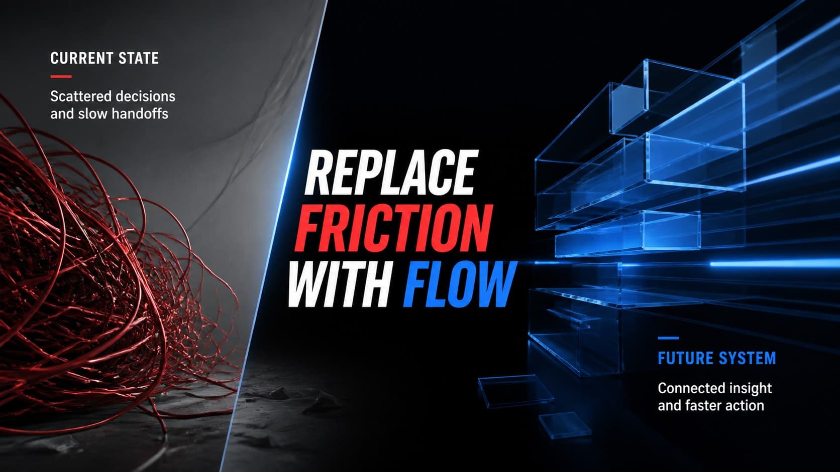 Abstract 3D tech slides comparison layout contrasting current friction with a future system.