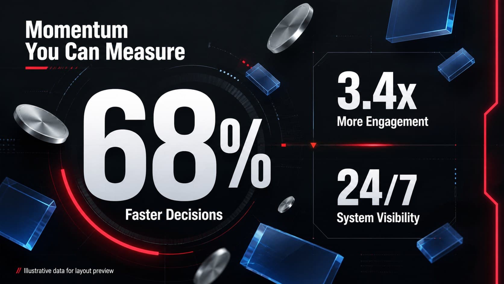 Geometric startup presentation slide featuring three bold performance statistics.