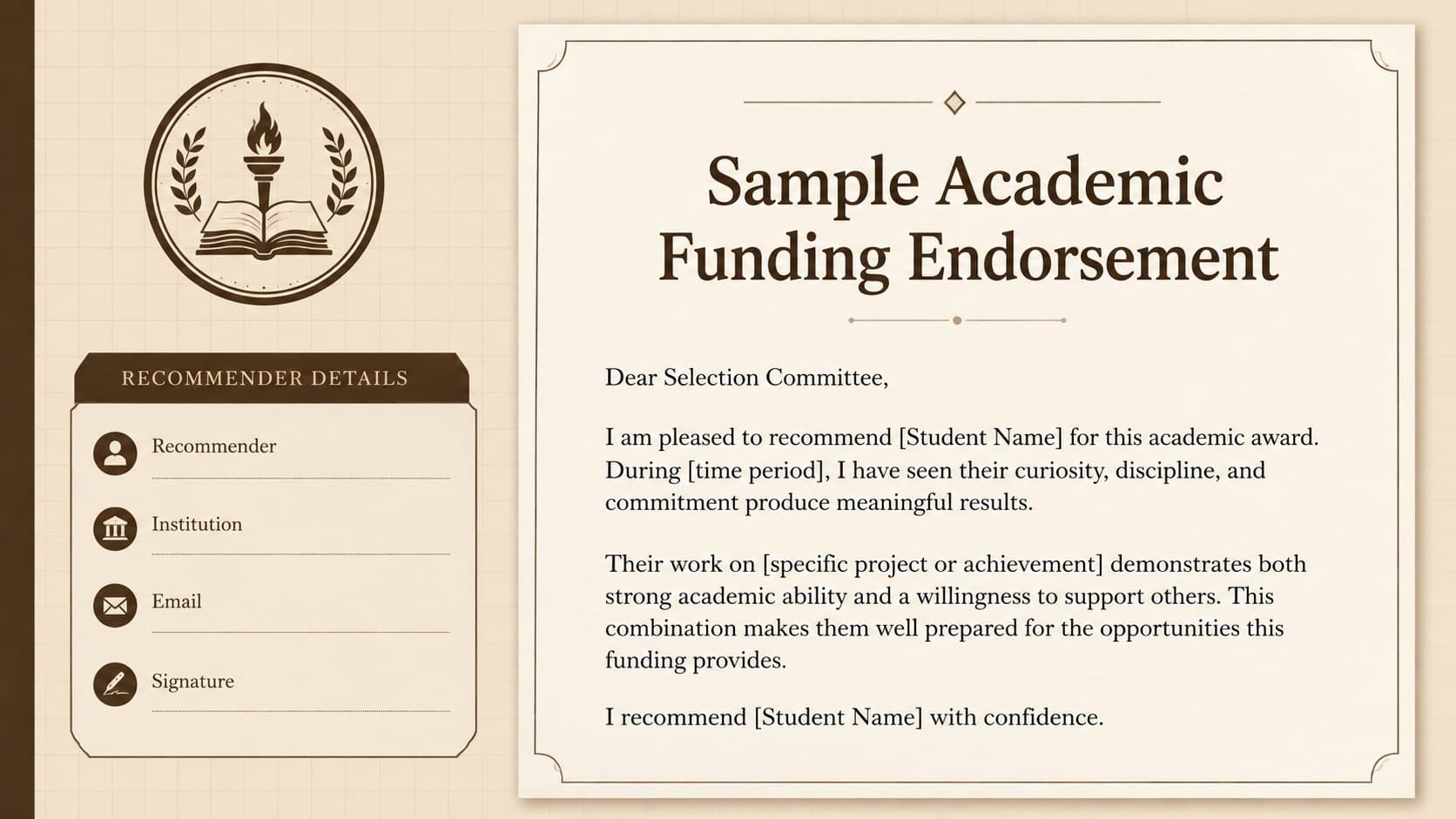 Editable scholarship reference letter for students with sections for evidence, character, and a final endorsement.
