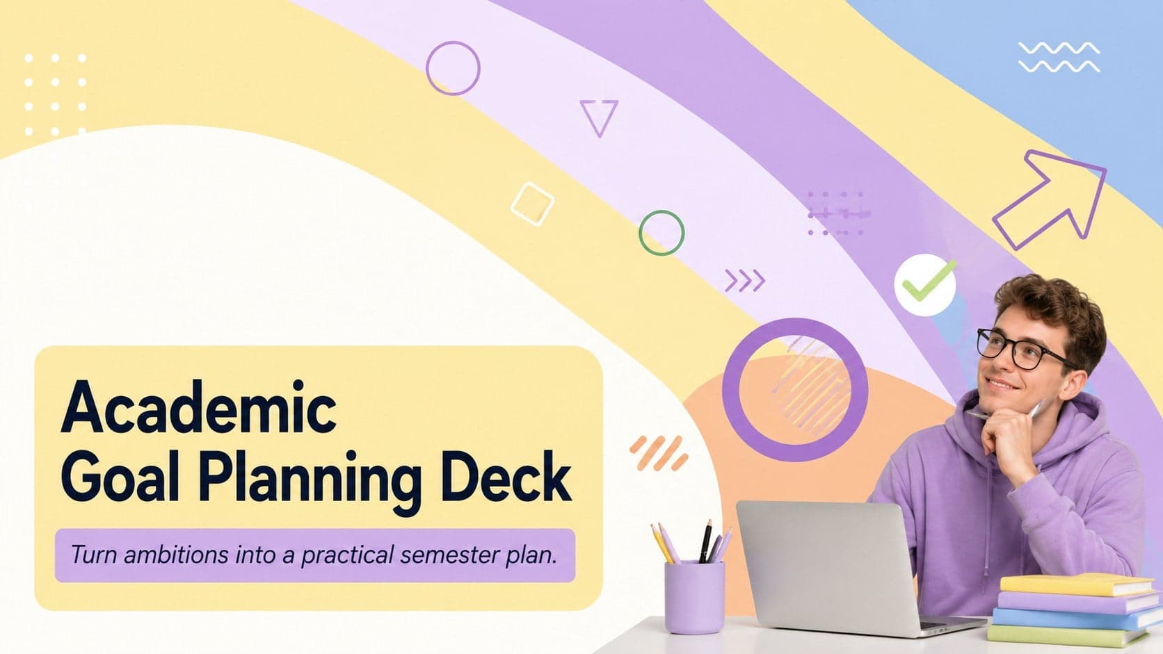 Cover of an Academic Goal Planning Deck with bold yellow and purple geometric graphics.
