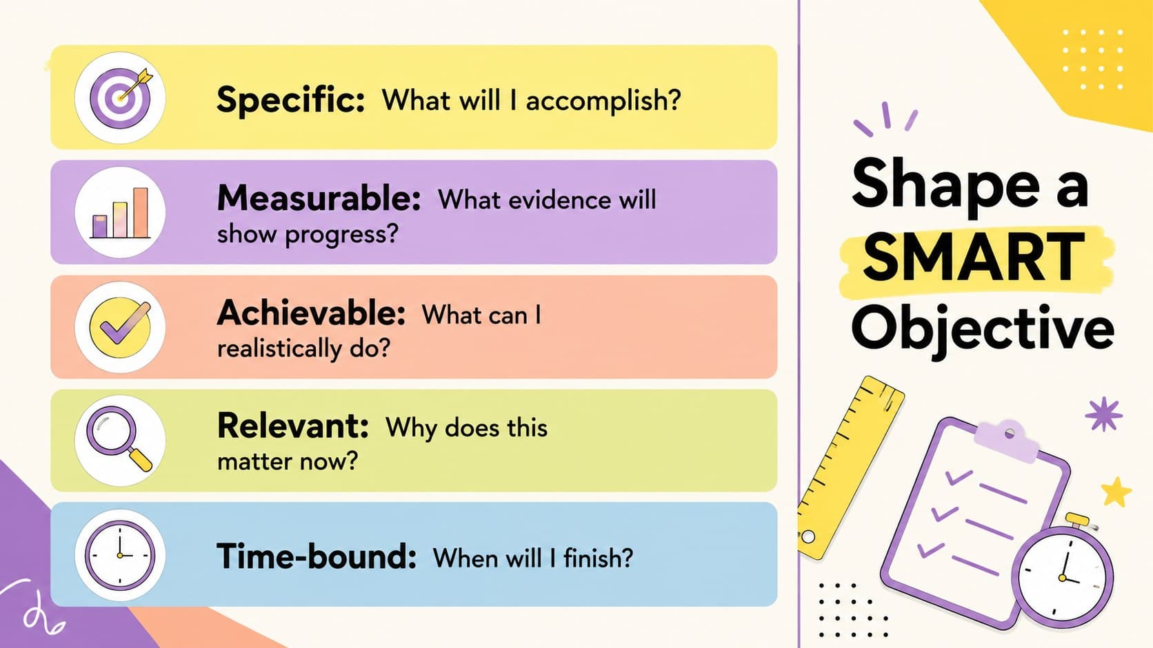 SMART academic objective worksheet with five prompts in a colorful geometric layout.