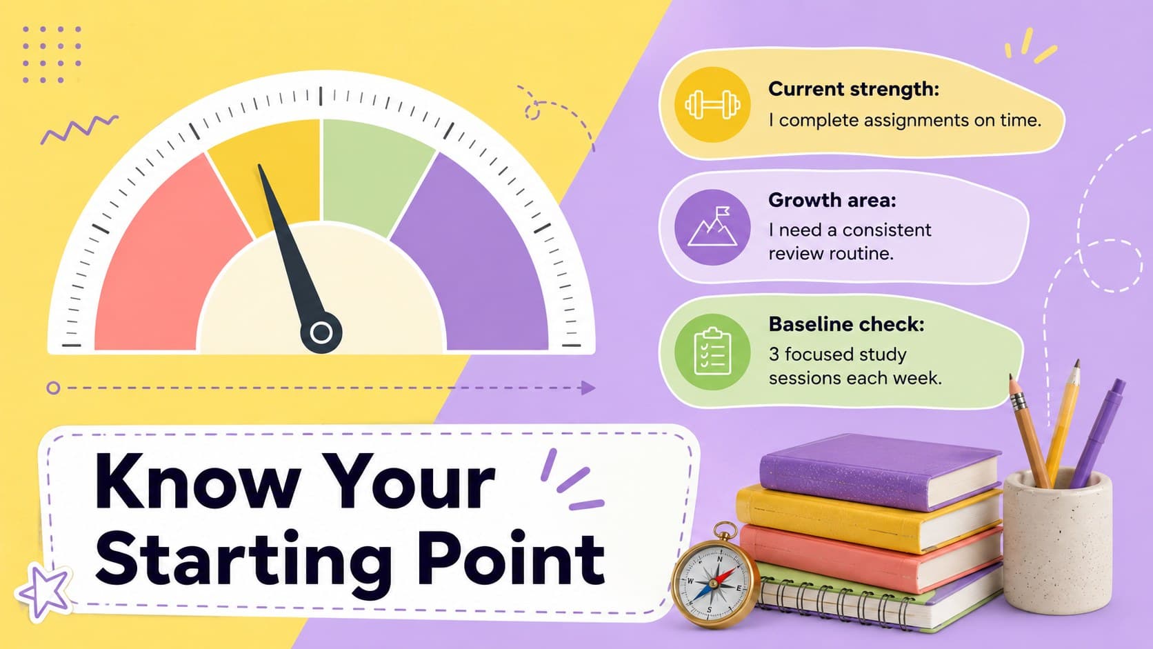Academic baseline assessment slide comparing current habits, strengths, and improvement areas.