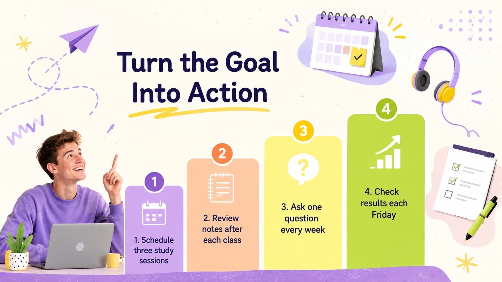Learning goals action plan slide showing four concrete steps for improving study performance.