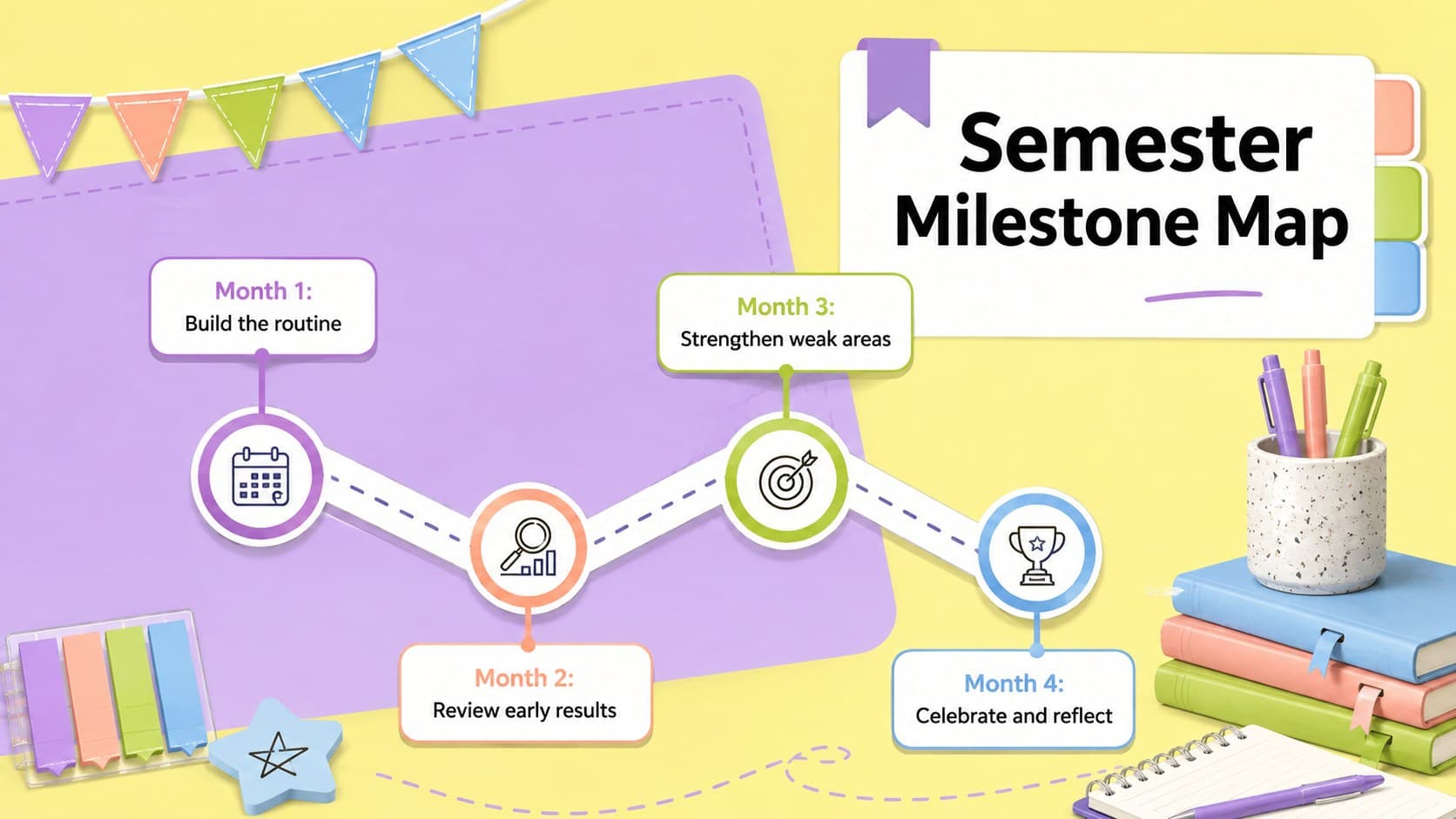 Semester achievement planner slide with monthly academic milestones and review checkpoints.