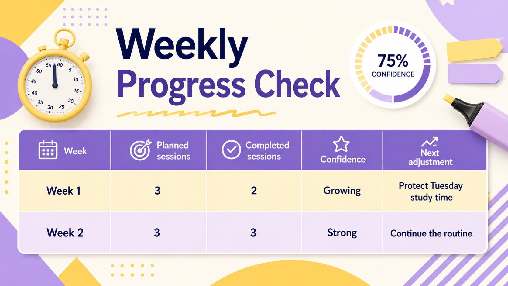 Weekly student progress tracker with study sessions, confidence rating, and completion checks.