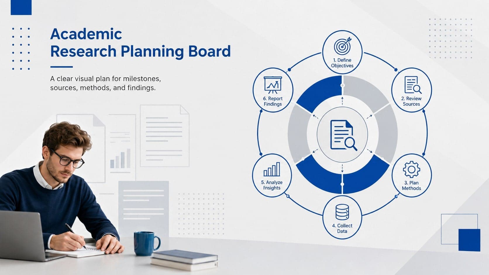 Cover slide for an academic research planning board with a blue and grey scholarly layout.