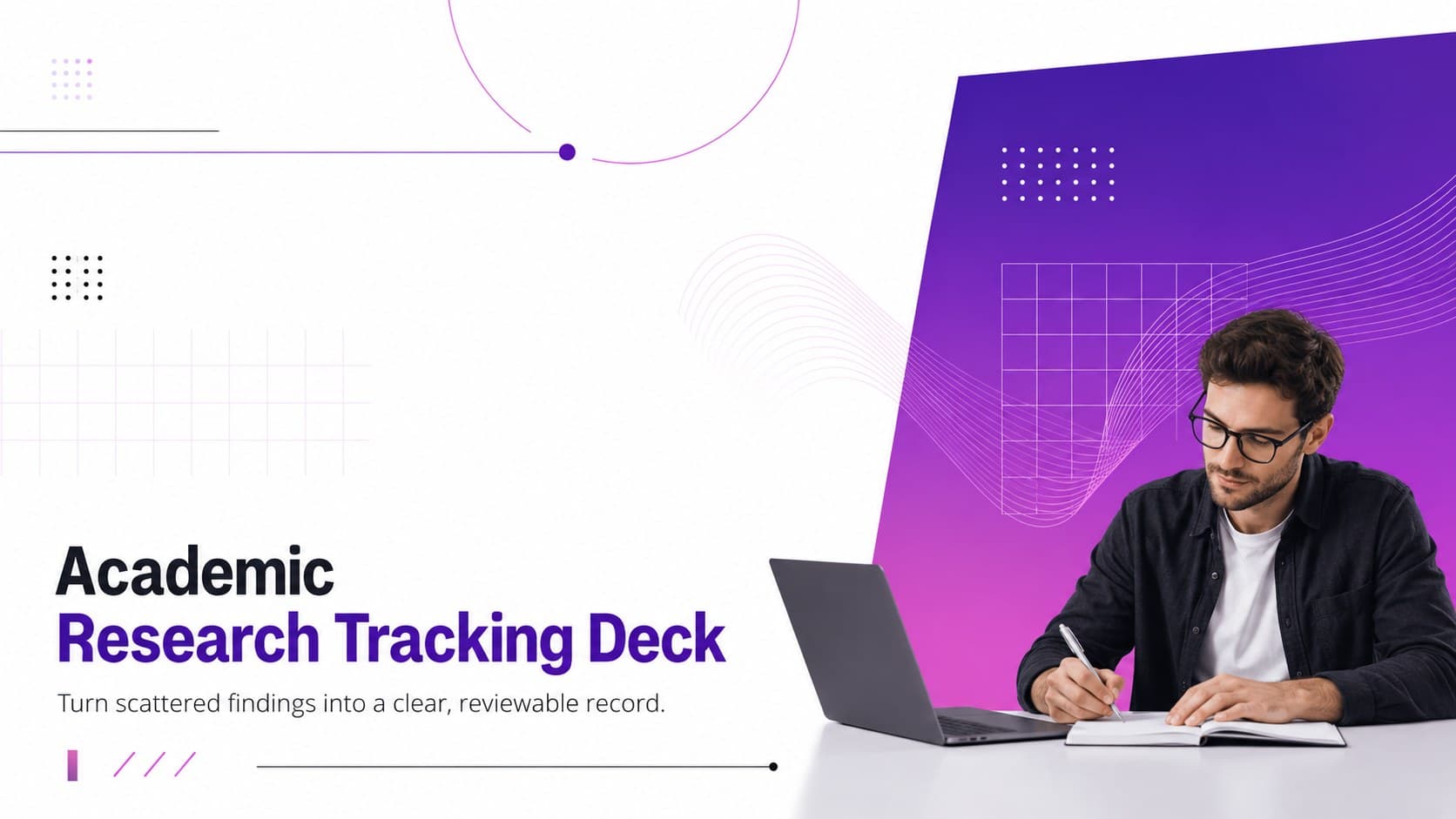 Cover of an academic research tracking deck with minimalist purple and pink geometric accents.