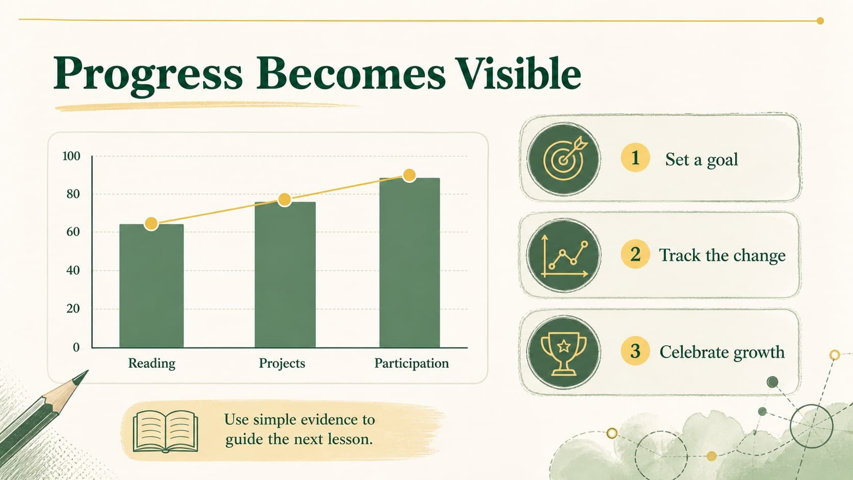 Green-and-yellow school presentation slide mapping student progress with a simple chart and learning milestones.
